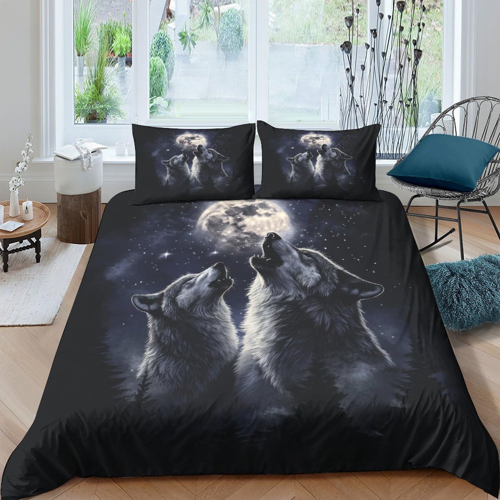 Ctjqhvkz Style-7 3D Printed Howling Wolf Fitted Sheet Microfiber Black Moon Mattress Cover For Bedroom Guest Room Decorative Protector Single（135X200cm）