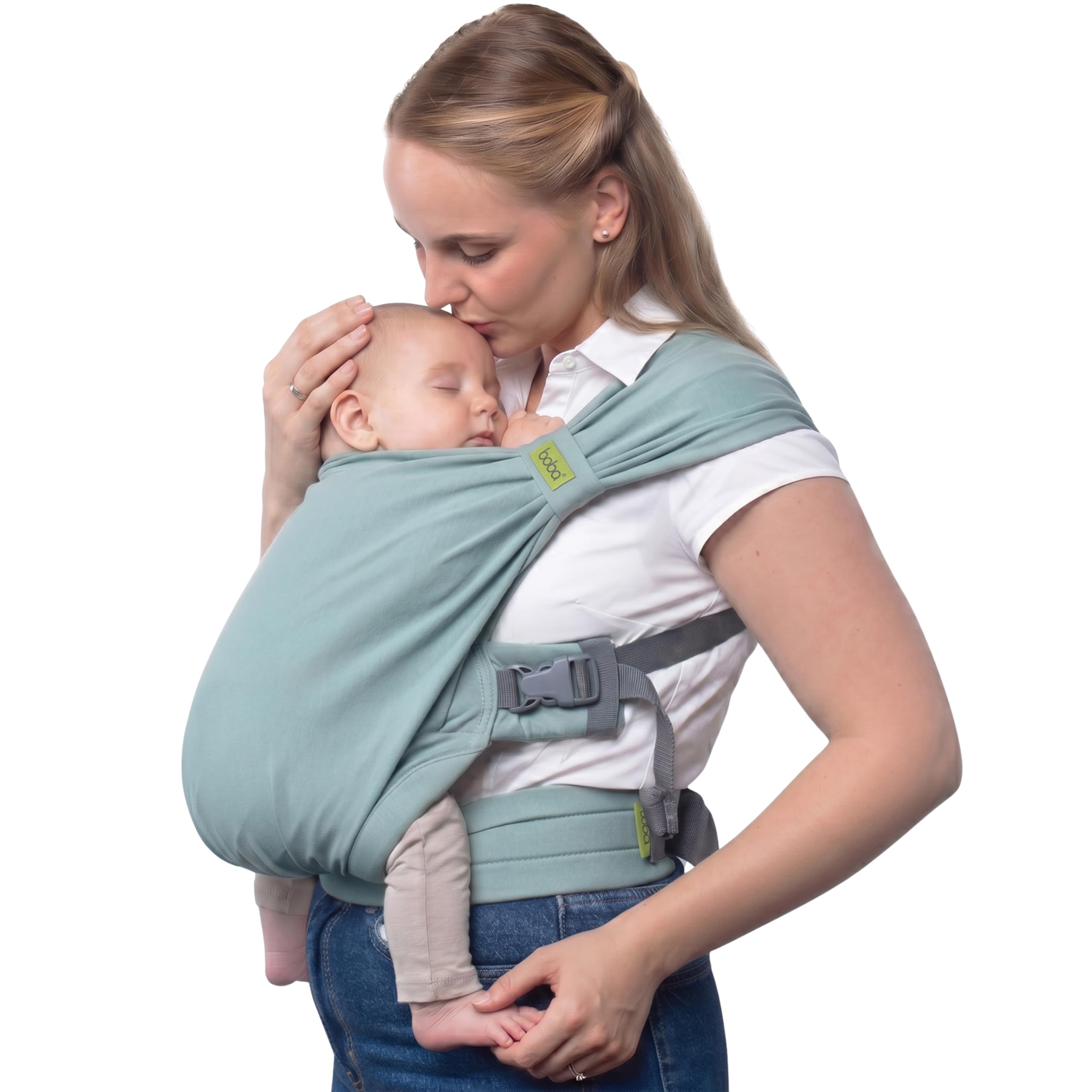 Boba Bliss Porte Bébé Pour Nourrissons/Jeunes Enfants Pesant Entre 3,2 et 16 kg, Hybride et 2 en 1, Écharpe de Portage Bébé Sans Nœud, Bon Positionnement des Hanches, Doux et Élastique (Sea Mist)