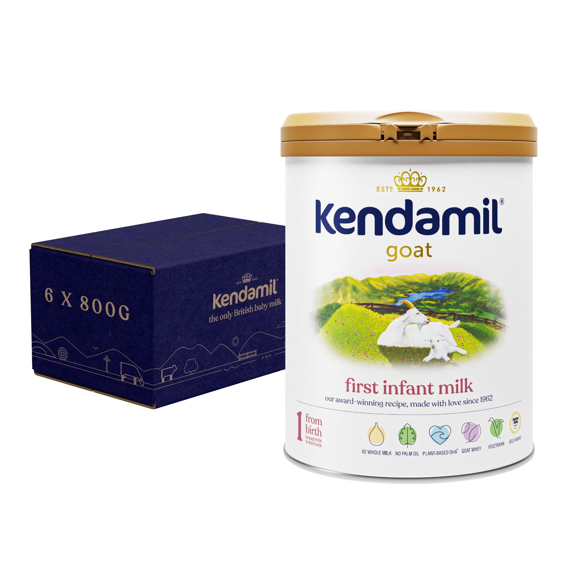 (6x800g) Kendamil Goat First Infant Milk, Stage 1 – British Made, Goat Whole Milk Formula – With HMOs, With A2, No Palm Oil, No Fish Oil, No SOYA, No GMOs