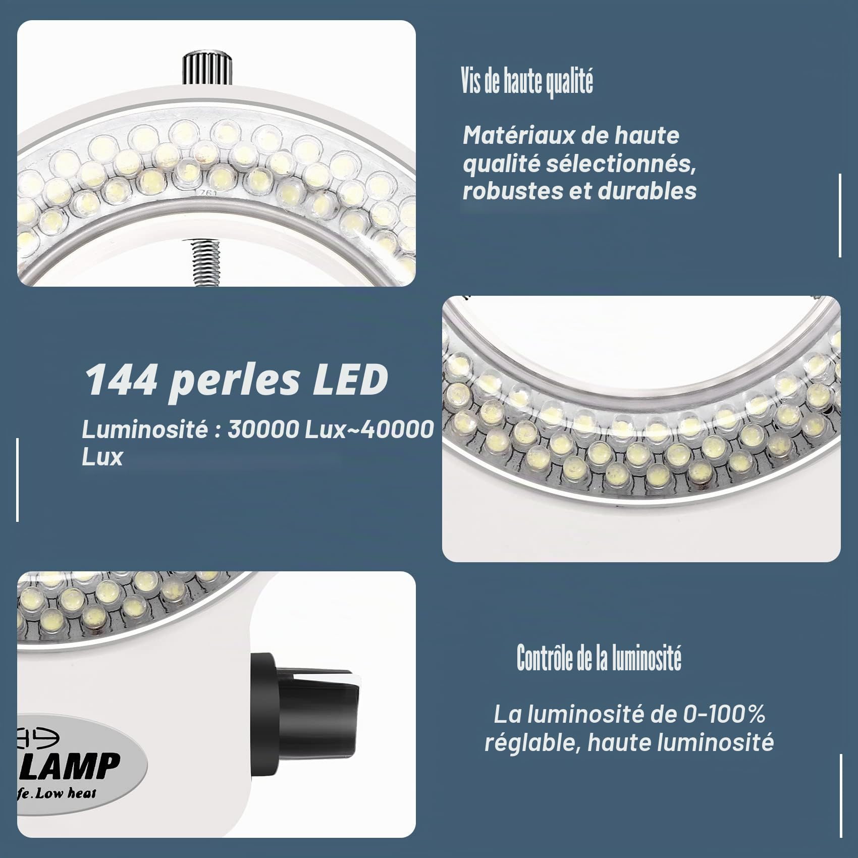 Anneau Industriel 144 pour Microscope Optique - Source Lumineuse 6000 K - Luminosité réglable de 0 à 100% (Prise européenne - Blanc)