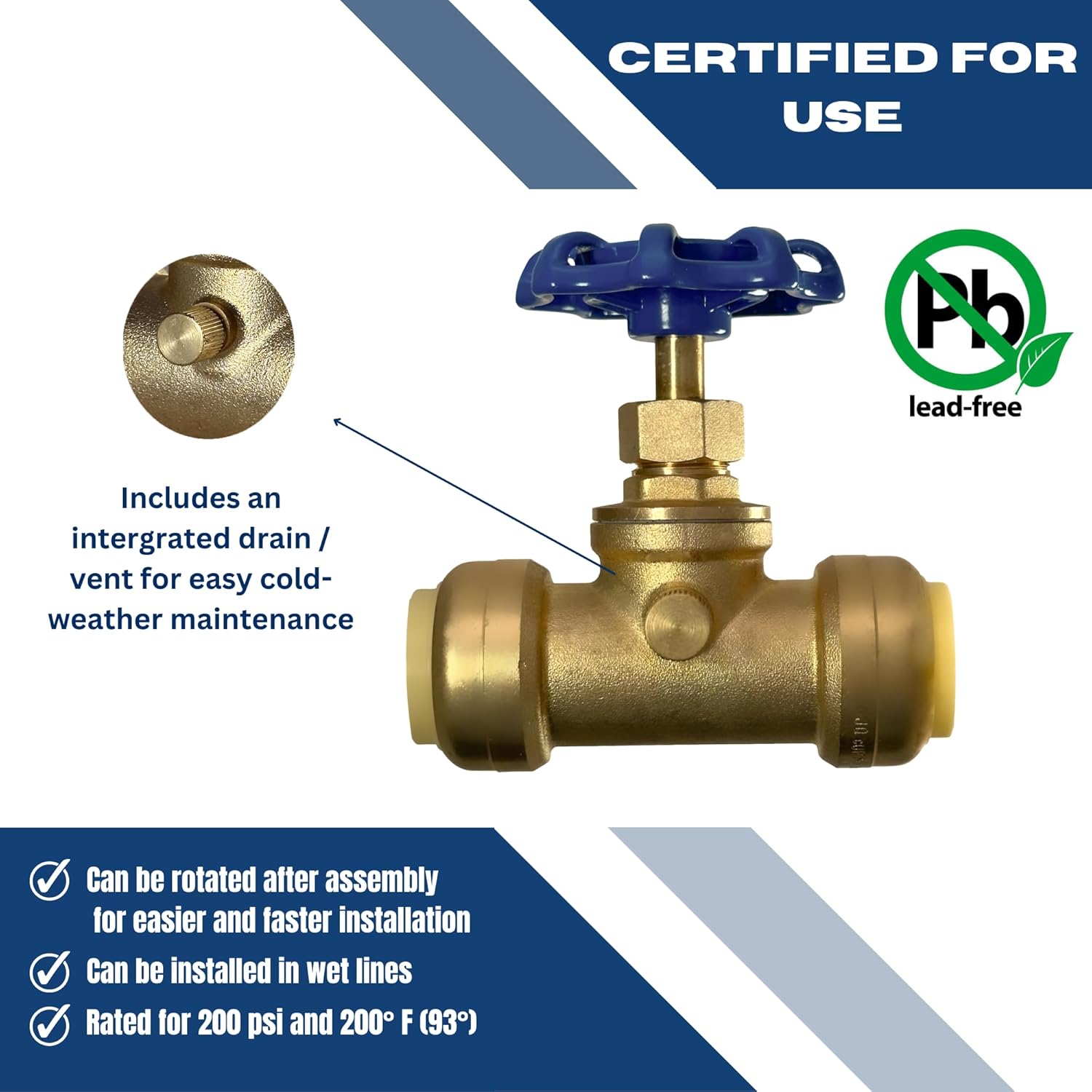 XFITTING 3/4 inch Push Fit Stop Valve with Drain and Vent, Push to Connect Brass Plumbing Fitting, Pex Pipe, Copper, CPVC, PE-RT, HDPE, 2-5-2=1, 1 Piece