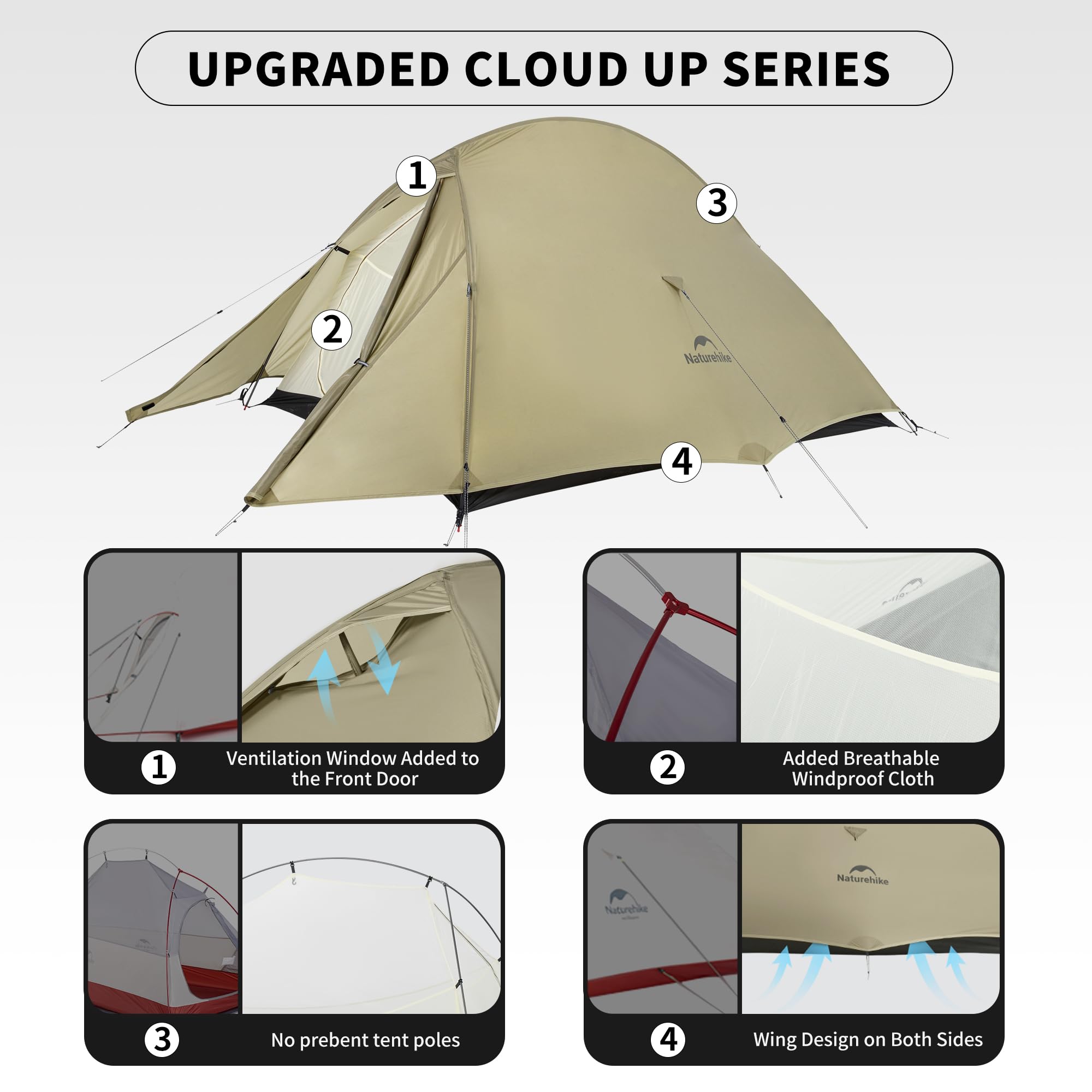 Naturehike Cloud-Up Pro Tenda da campeggio leggera per 2 persone, facile da installare, antivento e impermeabile, tenda a cupola per viaggi all'aperto, trekking