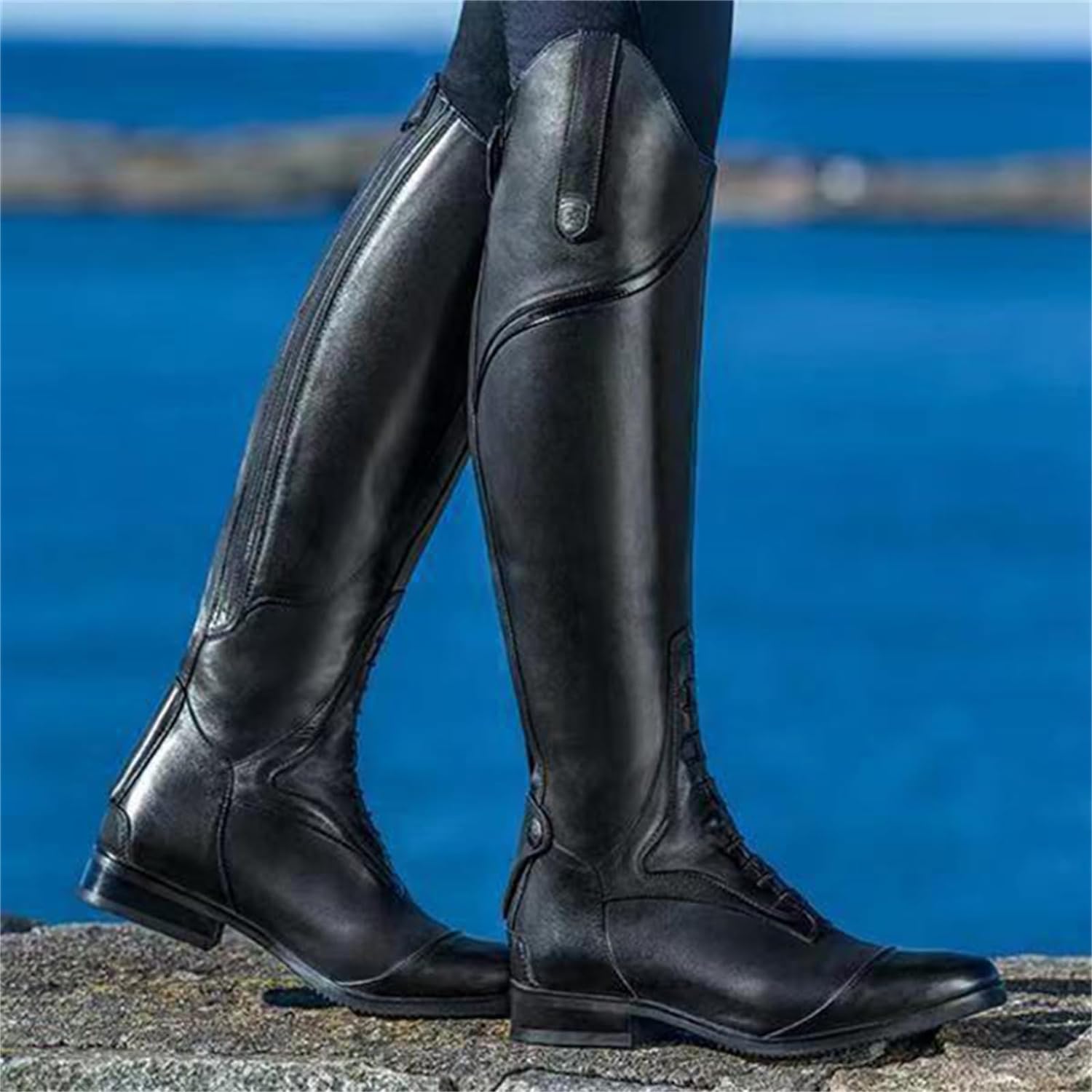 Stivali da Equitazione Invernali Tinta Unita o Colorblock da Donna Stivali Stringati con Cerniera e Fibbia Stivali Slip-on Casual al Ginocchio Stivali da Cavaliere Eleganti con Tacco Largo