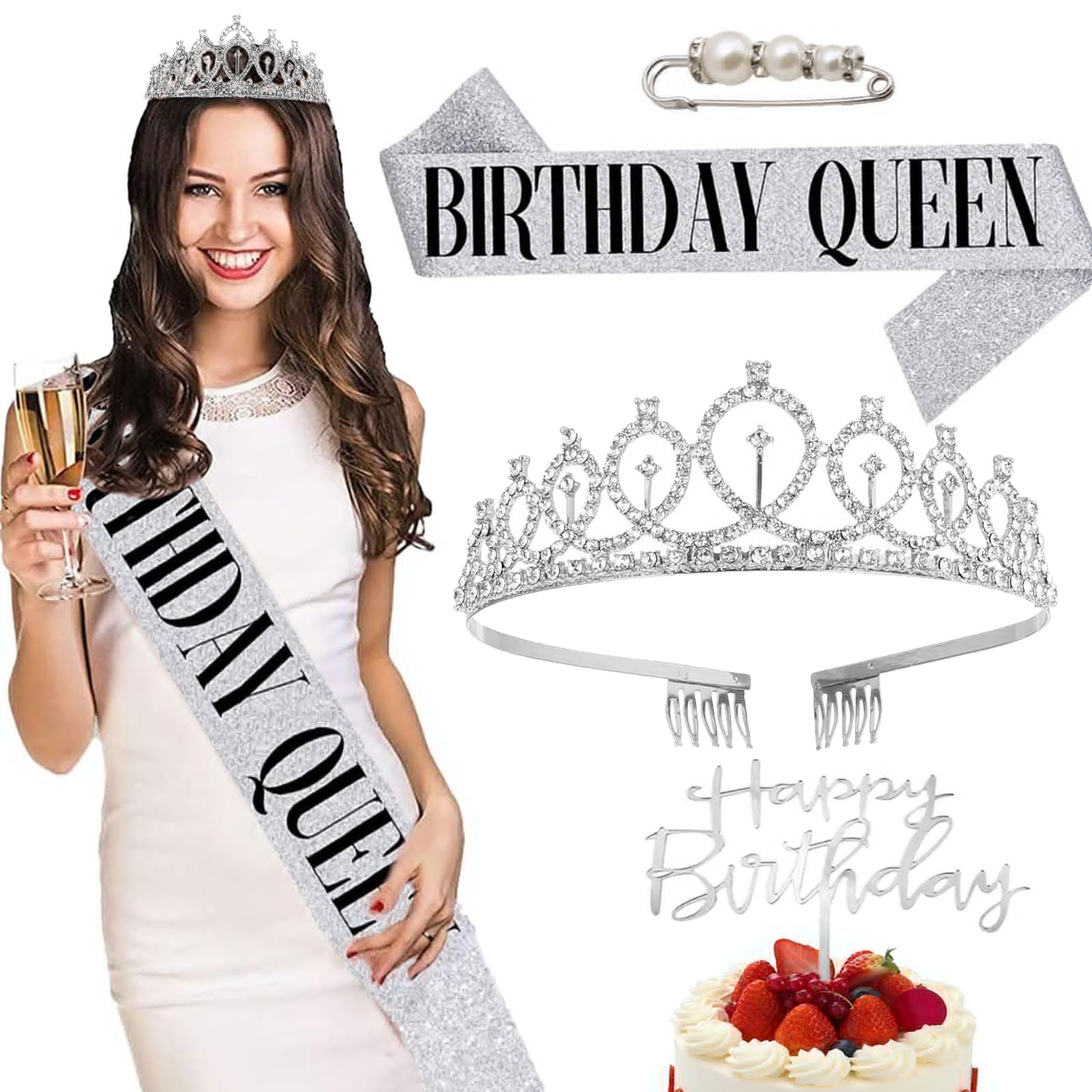 Set Corona E Fascia Compleanno - Tiara Glitter Con Sciarpa Per Feste - Foto 10