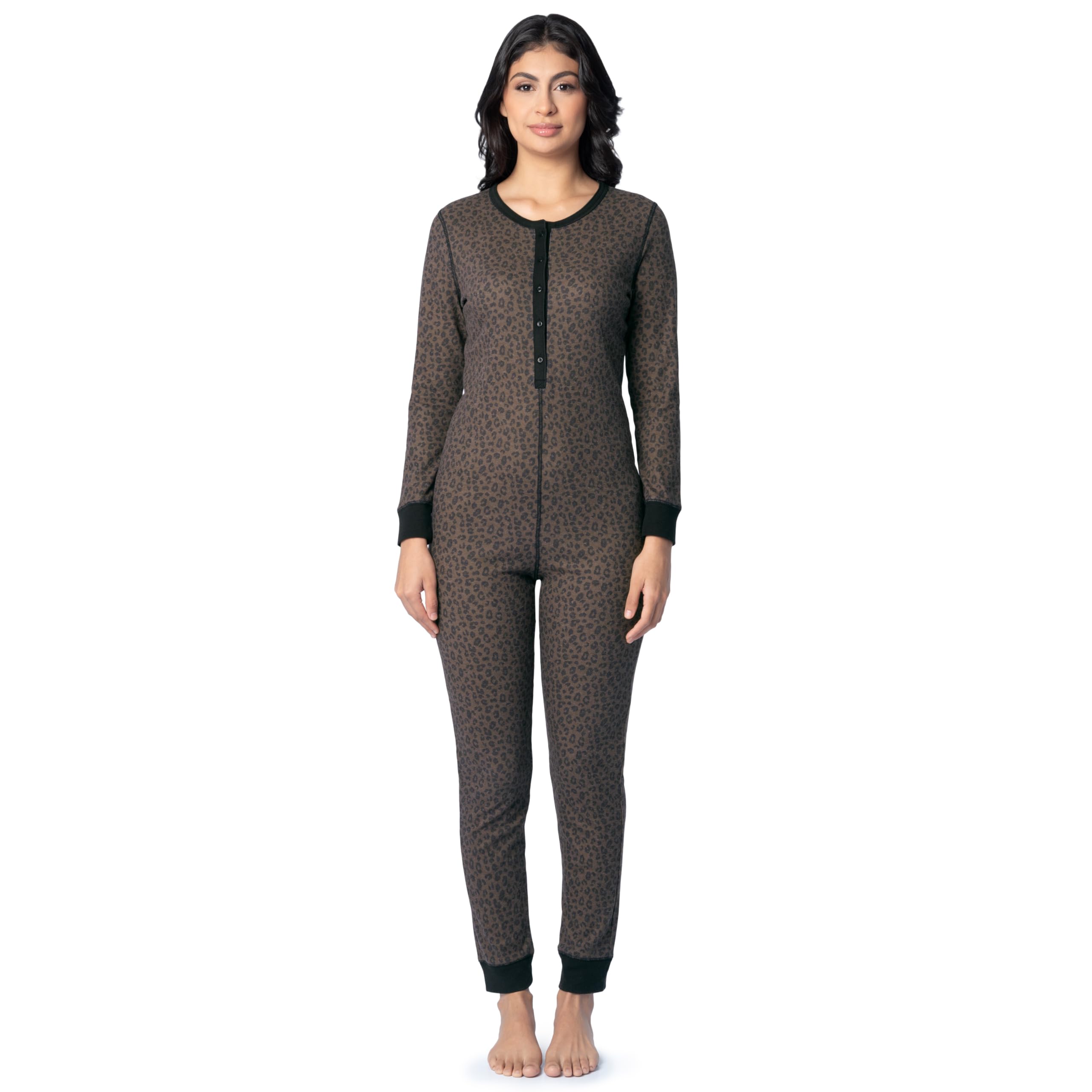 Fruit of the Loom Womens Micro Waffle Premium Thermal Union Suit, Cheetah Print, XS-S