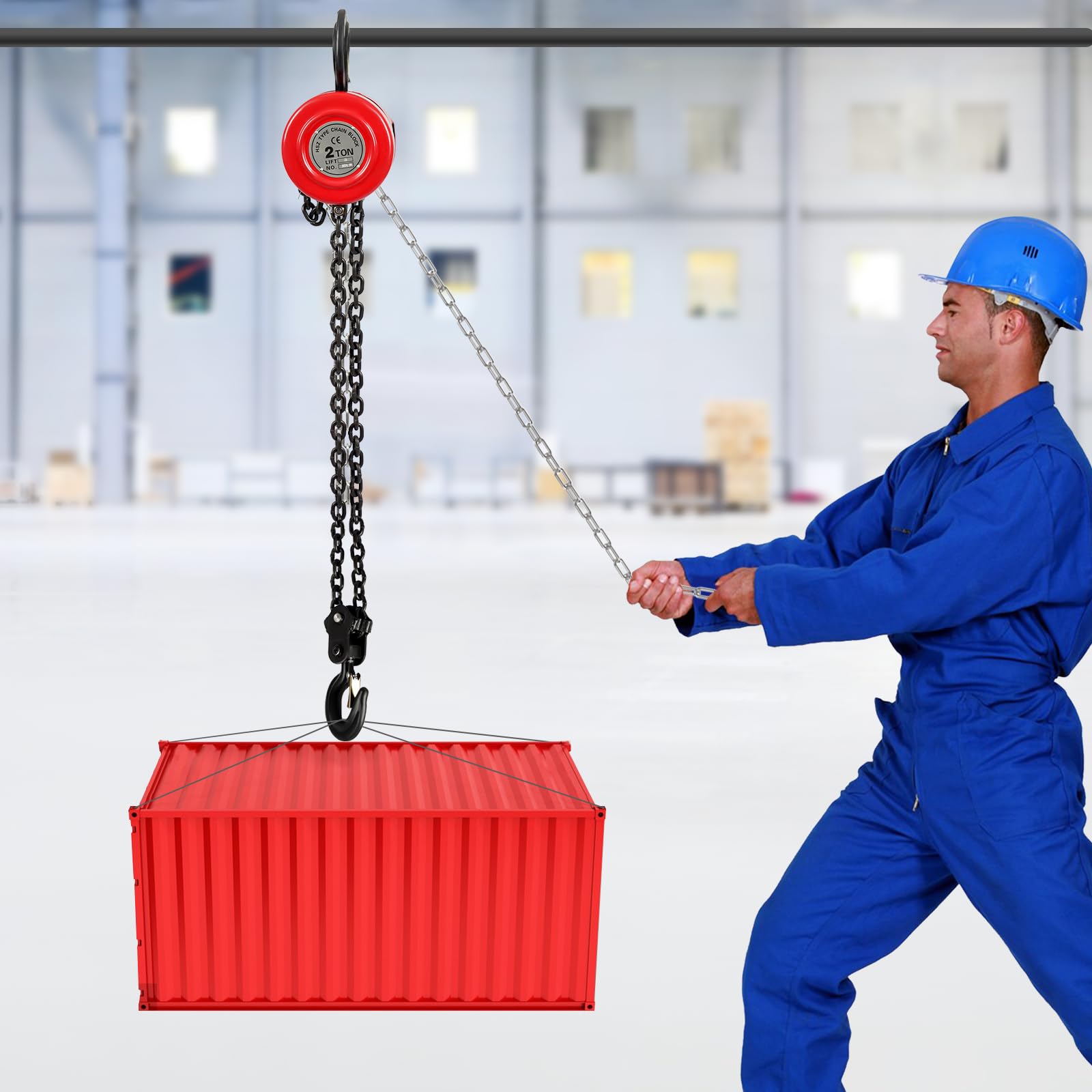 Paranco a catena, verricello manuale con capacità di carico 1T/2T, tirante a catena, con freno a fune, per trasporto, fabbriche, garage, cantieri navali, officine (rosso, 2T)