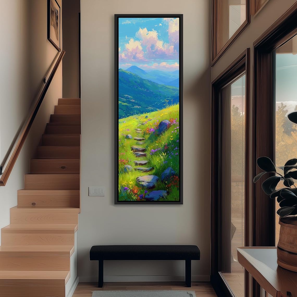 XBTYKPB Framed Tall Narrow Art, Long Vertical Hiking Path Canvas, Skinny Green Meadow Print, Landscape Decor, Mountain Picture(30x90cm/Frameless)