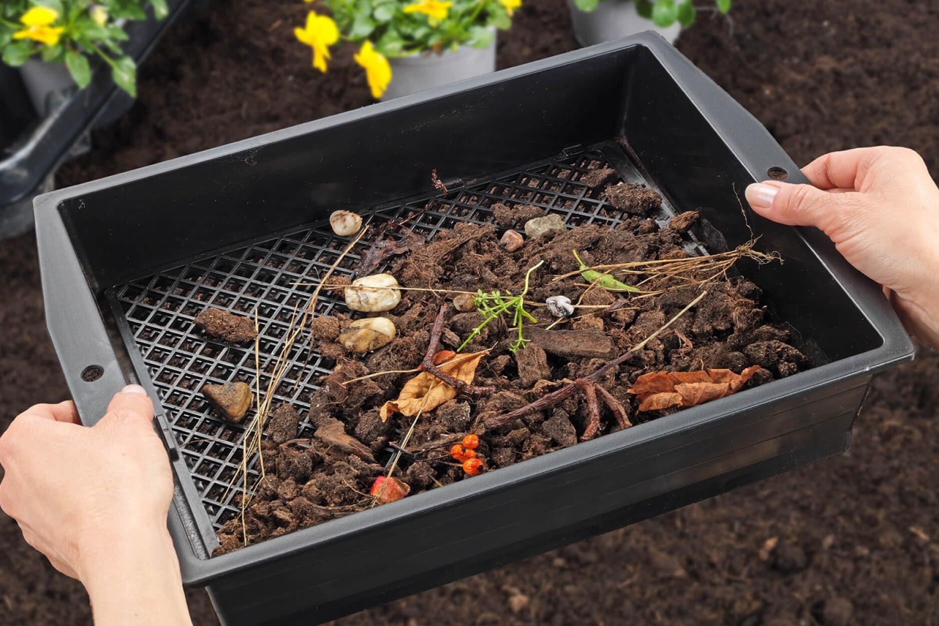 Maximex Tamis de jardin avec passoire réglable, tamis de jardin avec surface extra large pour filtrer les pierres, les racines et les feuilles, aide au jardin pour la récolte