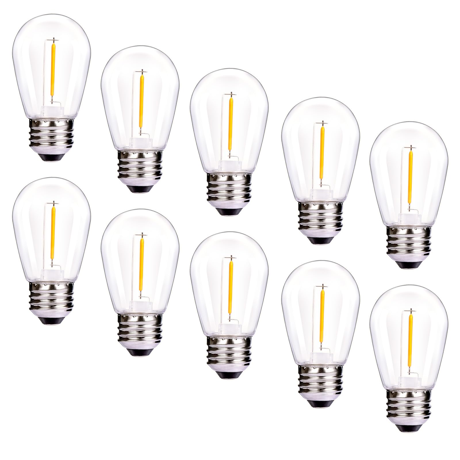 LEDフィラメント電球 E26口金 10W形相当 1W 防雨型 飛散防止 PC素材 電球色 2200K 広配光 ストリングライト交換用 屋内屋外兼用 祝日装飾 S14電球 10個入