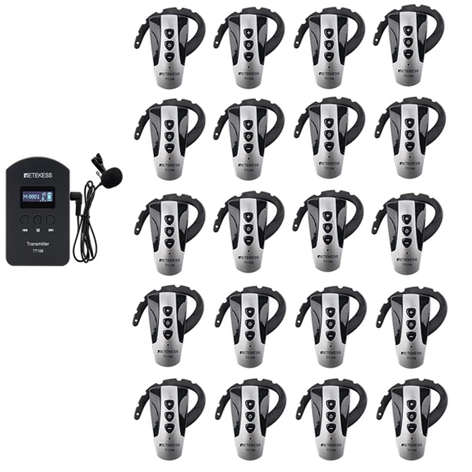 Retekess TT106 Tour Guide System, Walking Tour Headsets, Crystal Clear Sound, Support 2 Transmitter in One Group, Right Ear Hook Receiver for Church, School (1 Transmitter 20 Receivers)