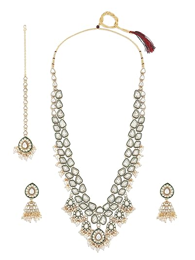 Bridal Long Dazzling Necklace Earring Maangtikka Set For Women