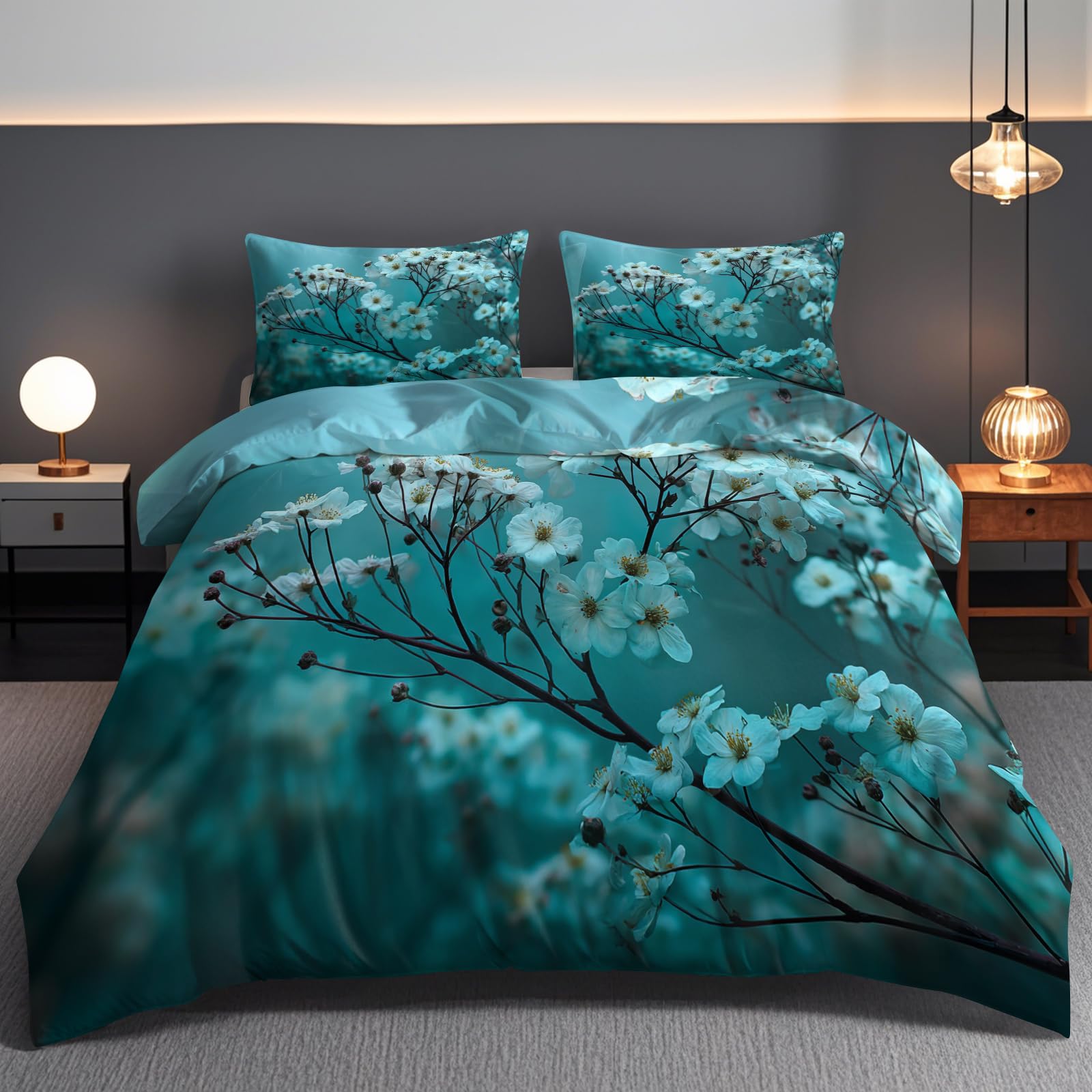 Modern Plant Flowers Duvet Cover -King Bedding Set for Boys Girls Bedroom Decor -Green Background Comforter Cover Set (1 Quilt Case with 2 Pillowcases)