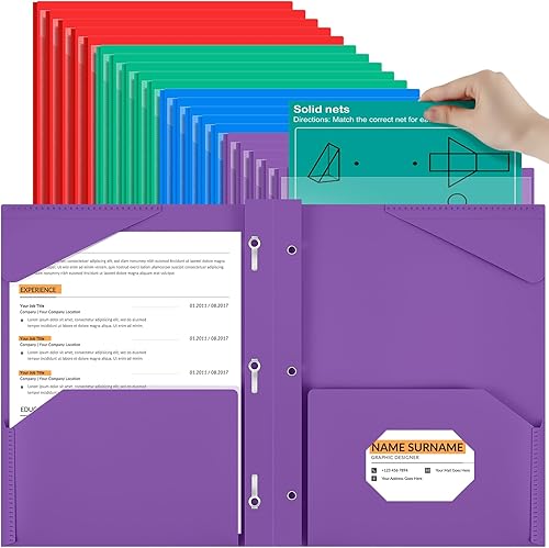 Henoyso 48 carpetas de plástico resistente con bolsillo frontal transparente y 3 puntas, carpetas de plástico con ranura para tarjetas con puntas,