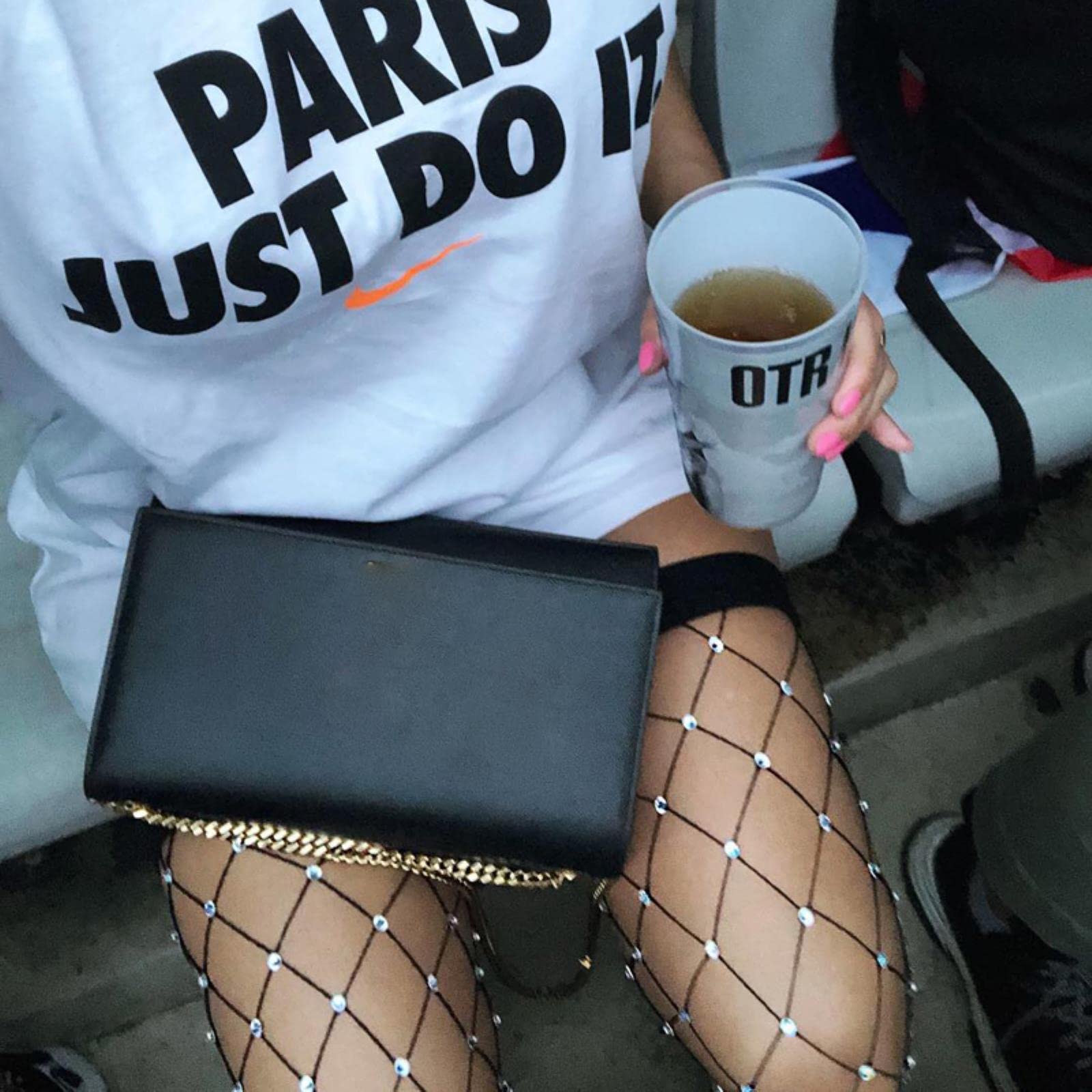 Style Femme Sexy Cristal Paillettes Jusqu'à La Cuisse Bas Strass Résille Collants Diamant Grande Grille Collants (Blanc Taille Unique) (Rouge Taille Unique)