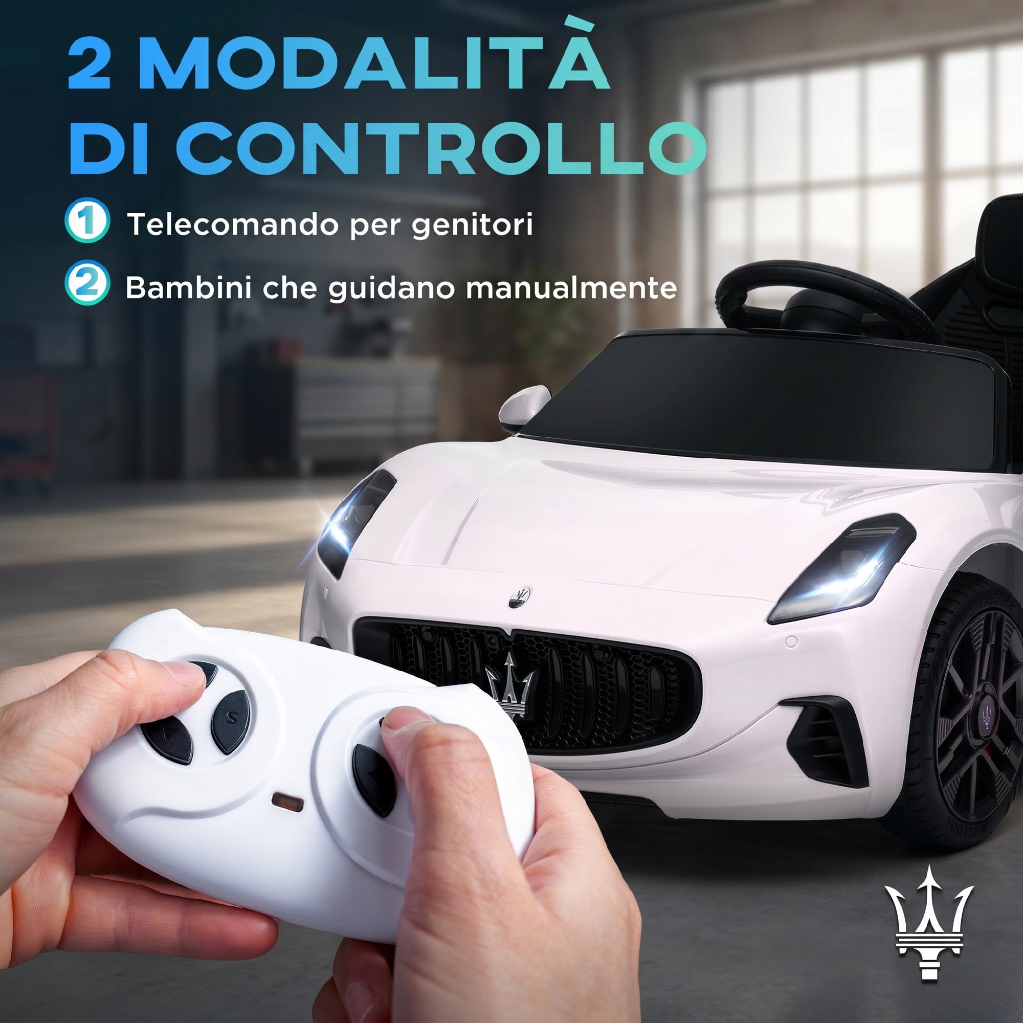 AIYAPLAY Macchina Elettrica per Bambini 3-5 Anni 12V Maserati Bianco | Maserati Gran Turismo Folgore, 3-5 km/h, Auto Elettrica per Bambini, 2 Motori, Telecomando, Cintura, Musica, Clacson, Fari