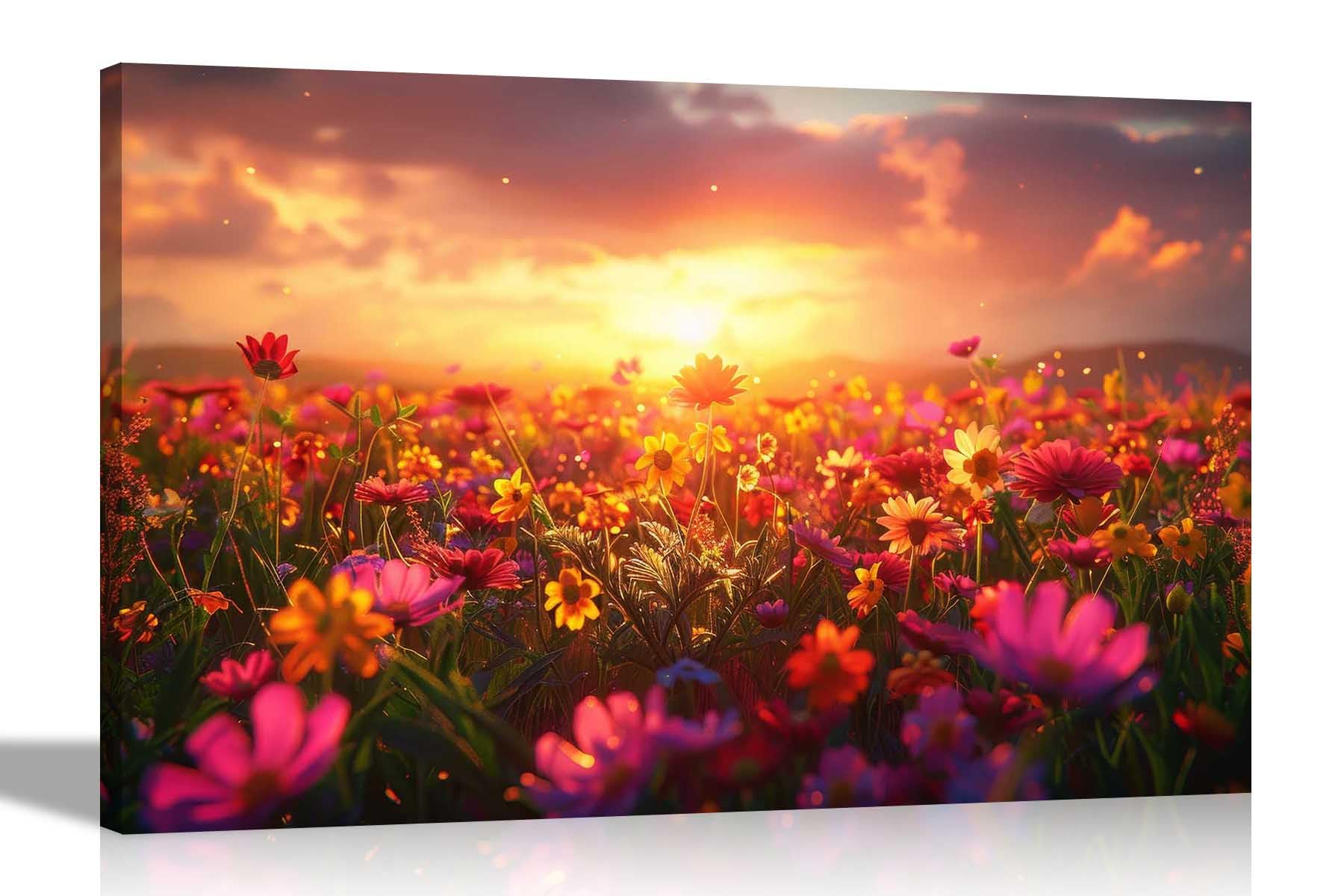 Artley Prints - Sundown Colourful Daisy Field Canvas Prints For Living Room Bedroom Landscape Wall Art Pictures 60 x 40cm (24 x 16 inches) A2 — image 1