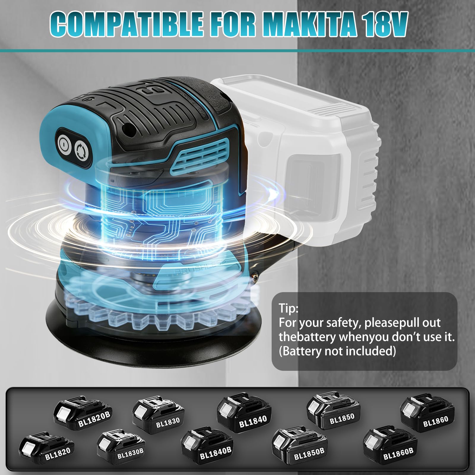 Lijadora Orbital Inalámbrica 125 mm para Makita 18V (sin Batería) | Lijadora eléctrica sin escobillas, 4000–8000 rpm, 3 velocidades, 21 hojas de lija y bolsa de polvo