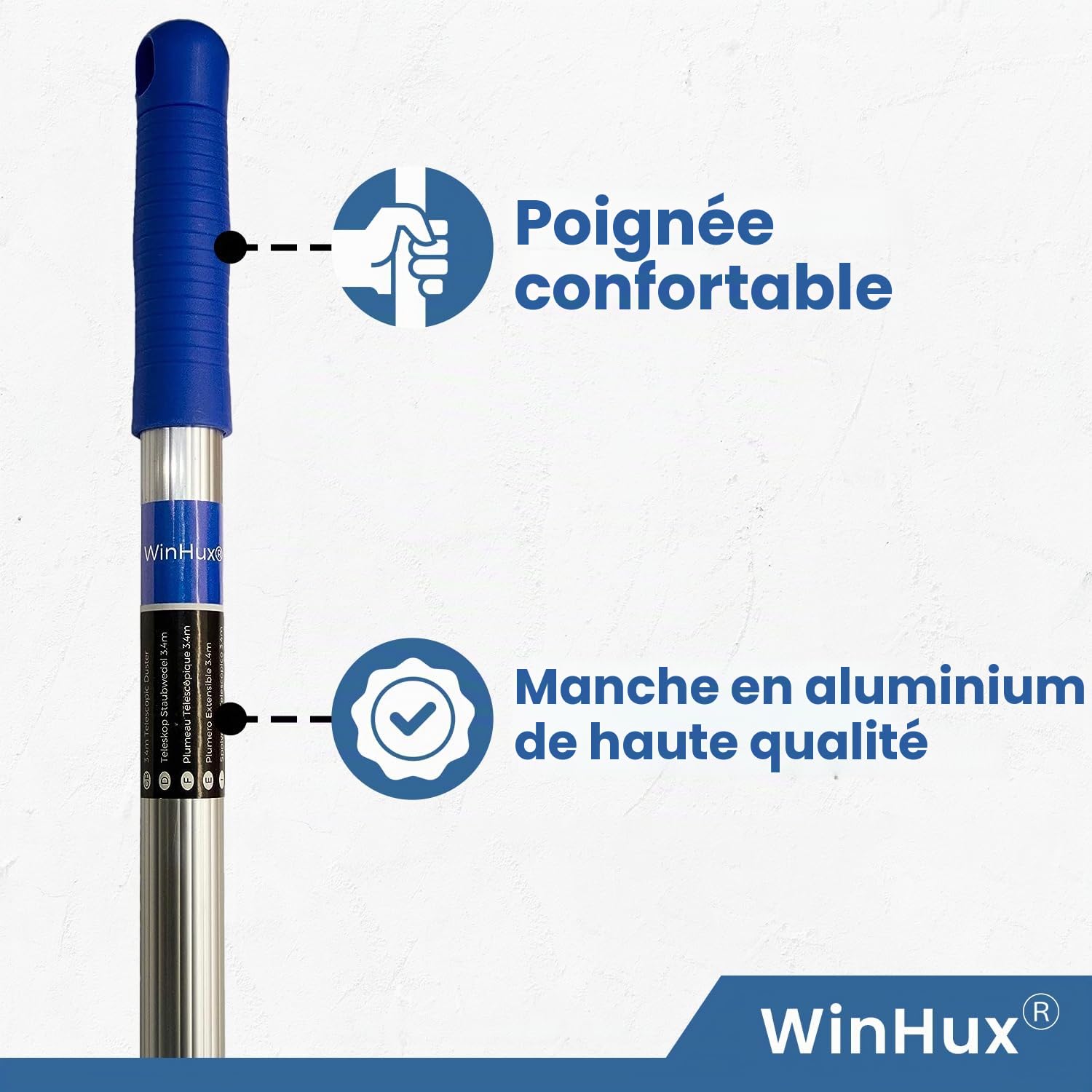 WinHux Plumeau Chenille Télescopique 3,47 m — Manche Extensible Aluminium, Tête Chenille Pliable et Lavable pour Plafonds Hauts, Toiles d'Araignée, Ventilateurs