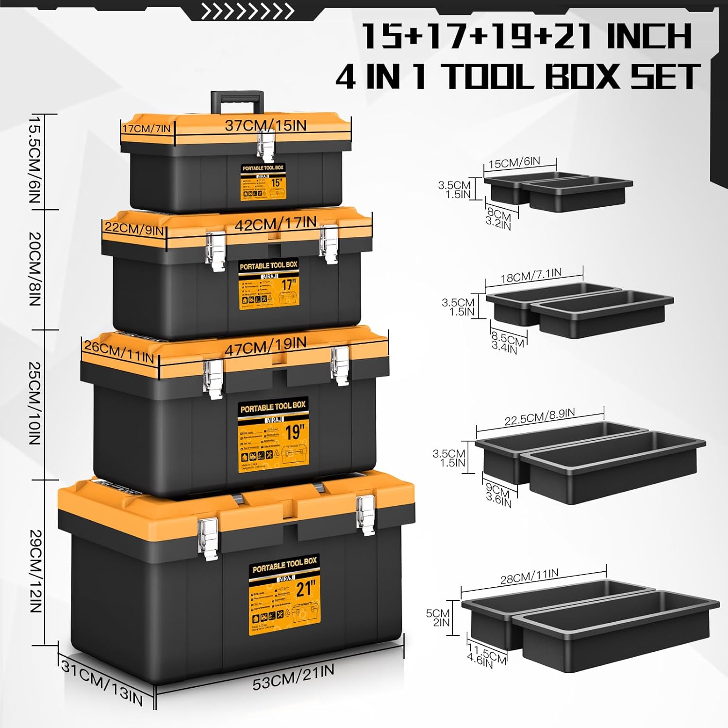 Tool Box | 4 In 1 Toolbox Set | 8 Removable Tool Box Organizers | 15”+17”+19”+21” | Lockable Portable Tool Boxes | Mini/Small/Large Toolboxes | Garage Storage Tools | Home/Professional | Hand/Power