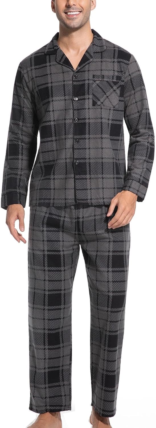ENJOYNIGHT Mens 100% Cotton Flannel Pajamas Set Plaid Button Pjs Long Sleeve Sleepwear