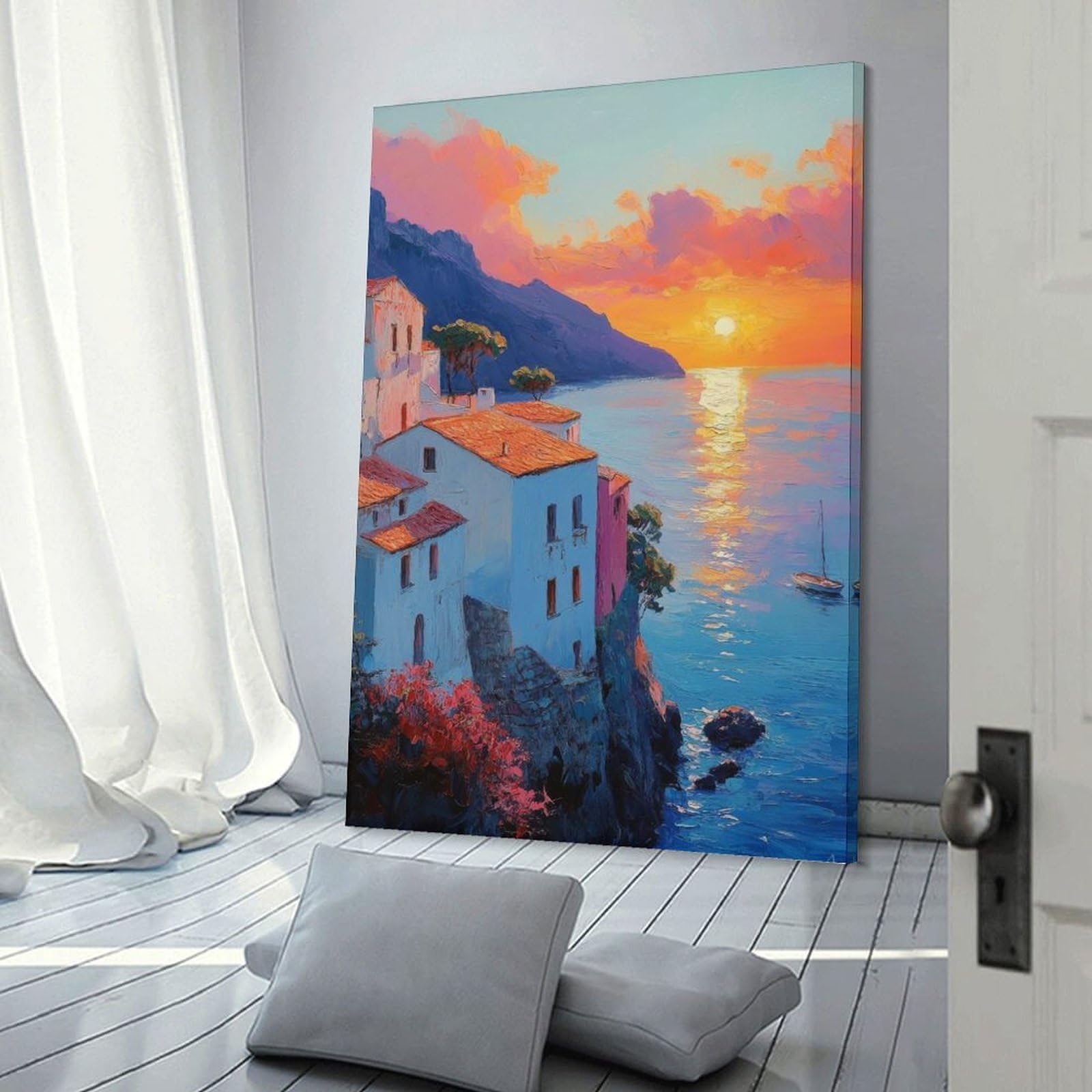 Junmoney Frame-Style-8 Sunset Coastal Village Decorative Canvas Print, 20X30inch(50X75cm), For Home, Office, Studio Or Guest Room, Versatile Wall Decor For Many Rooms