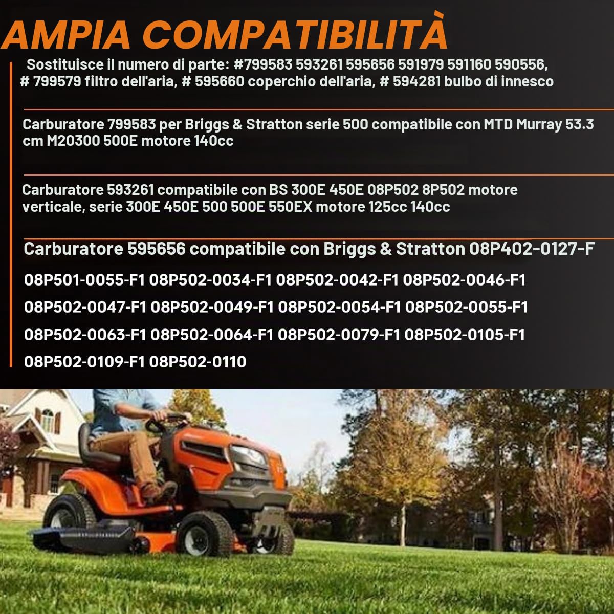 ZAMDOE 799583 Kit carburatore Compatibile per Briggs & Stratton 08P502 8P502 09P602 9P602 300E 450E 500E 500EX 125cc 150cc Series Motori, sostituisce 593261 595656 591979,con Filtro dell'Aria 799579