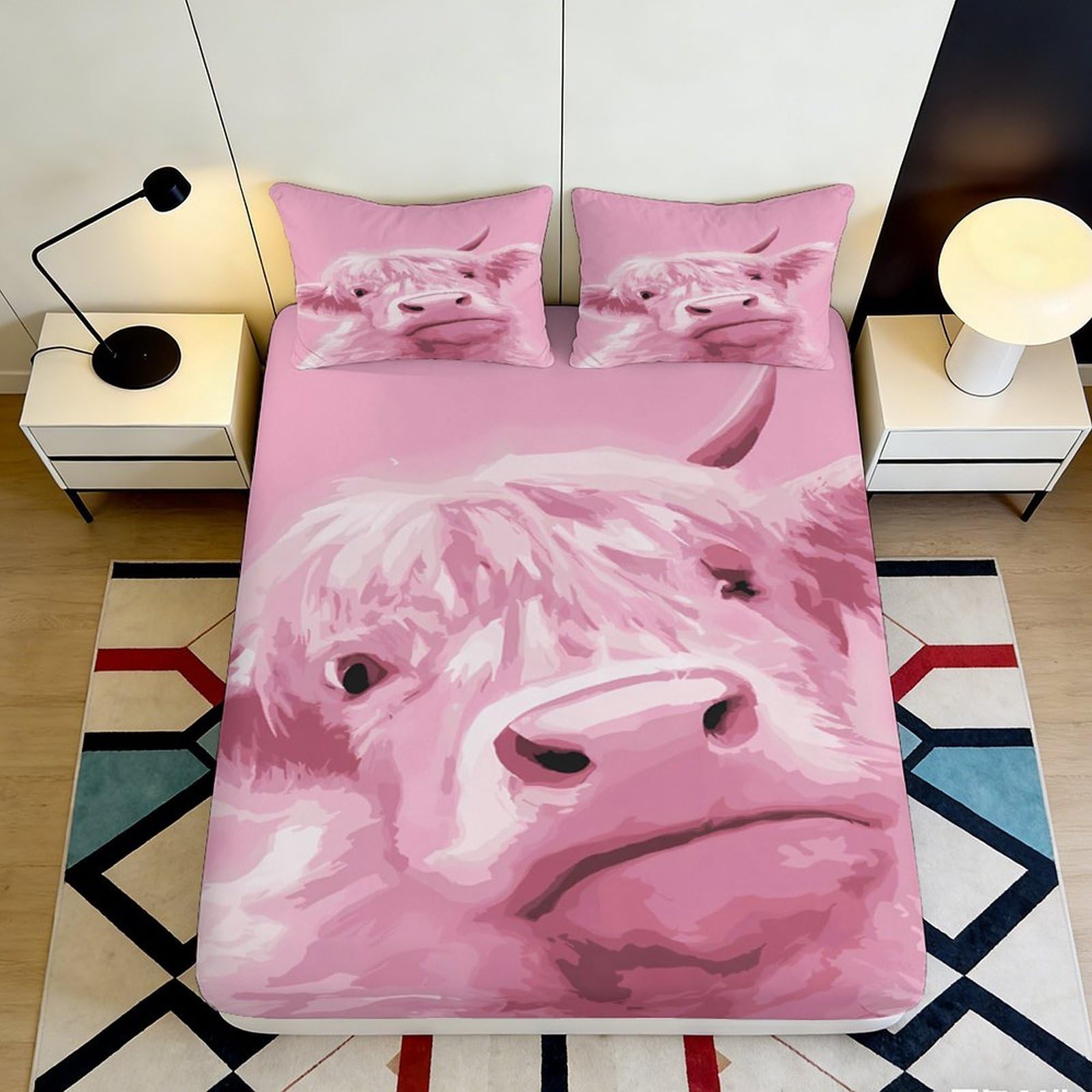 3D Printed Pink Highland Cow Fitted Sheet Microfiber Soft Breathable Pink Cattle Mattress Cover for Bedroom Dormitory Guest Room Mattress Protection Decor 160x200x25cm