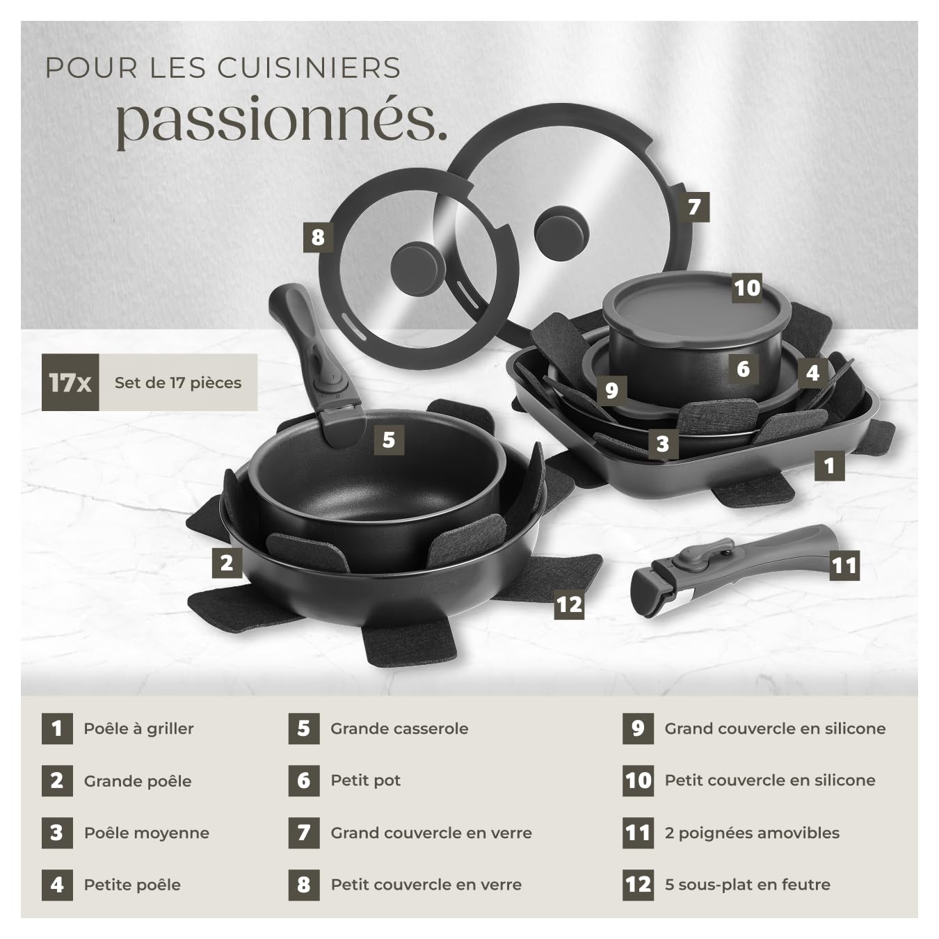 tectake® Batterie de cuisine 17 pcs, 2 Casseroles, 3 Poêles à frire, 1 Poele à griller, 4 couvercle casserole, 5 protège Casseroles Batterie de cuisine Induction, Cuisinère gaz, Vitrocéramique, Noir