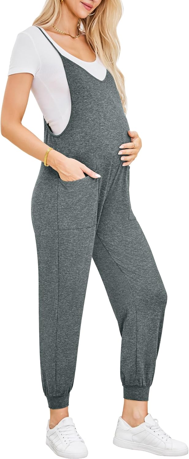 FABRACK Women's Maternity Jumpsuits Loose Adjustable Spaghetti Strap Jogger Overalls Outfits Pregnancy Romper with Pockets