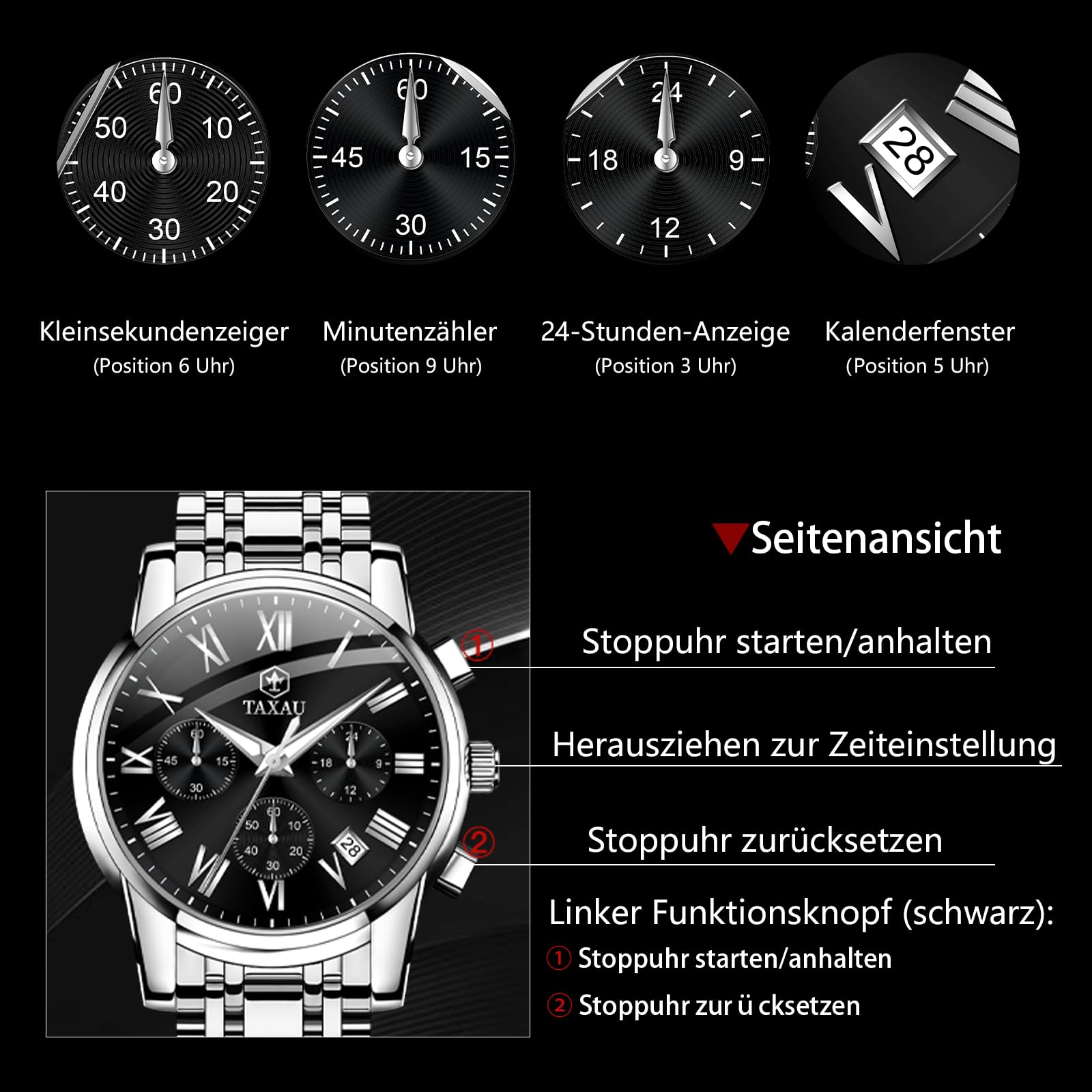Taxau Montre multifonction pour homme - En acier inoxydable - Chronographe - Cadran romain - Montre de luxe - Étanche - Lumineuse - Avec date - Cadeau pour homme