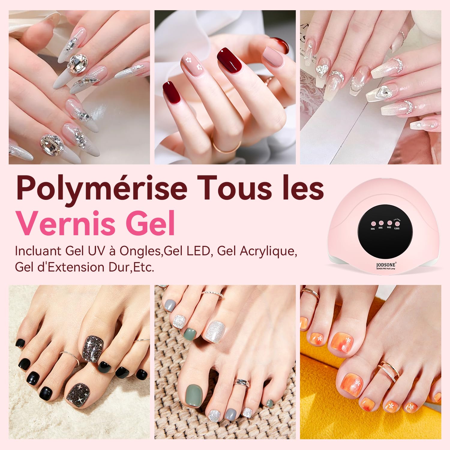 JODSONE Lampe UV Ongles Gel, Lampe à Ongles UV/LED Double Source Lumineuse avec 4 Minuteries et Capteur Automatique, Séchage Rapide du Vernis Gel-Rose