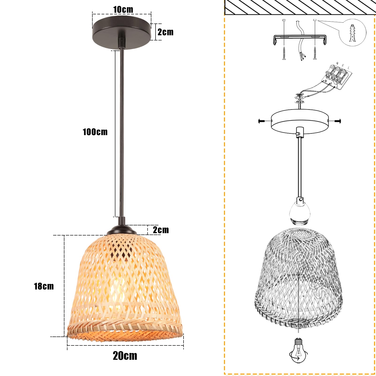 2 packs Lustres Suspensions Bambou Industrielle Luminaire Plafonnier E27 Vintage Lustre Abat-jour en Bambou Tressé Rétro Lampe de plafond Ø200mm Design Pour Salon Cuisine Chambre (A-L-2pcs)