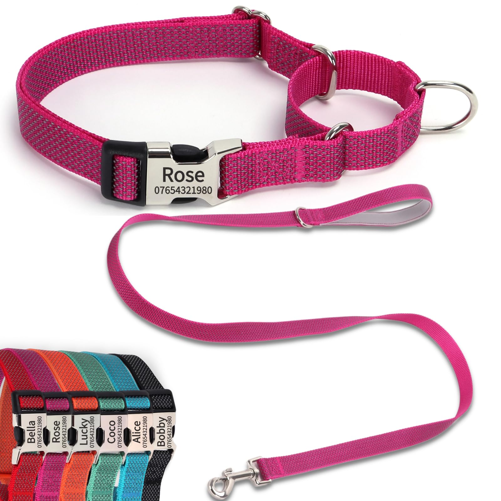 SEOUGEE Martingale Dog Collar Personalised and Lead Set, Reflective Nylon Anti-choke Dog Collars and Leash with Custom Engraved Buckle, Walking Training for Small Dogs (S Rose Red Set, 30-40cm)