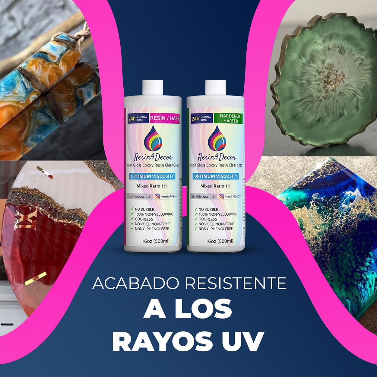 Resina Epoxi Transparente RESIN4DECOR 1:1 Para Manualidades Artesanía Fabricación de Joyas Moldes No es Amarillento No es Tóxico Acabado de Alto Brillo de Curado de 24 horas Inodoro - 2000ml