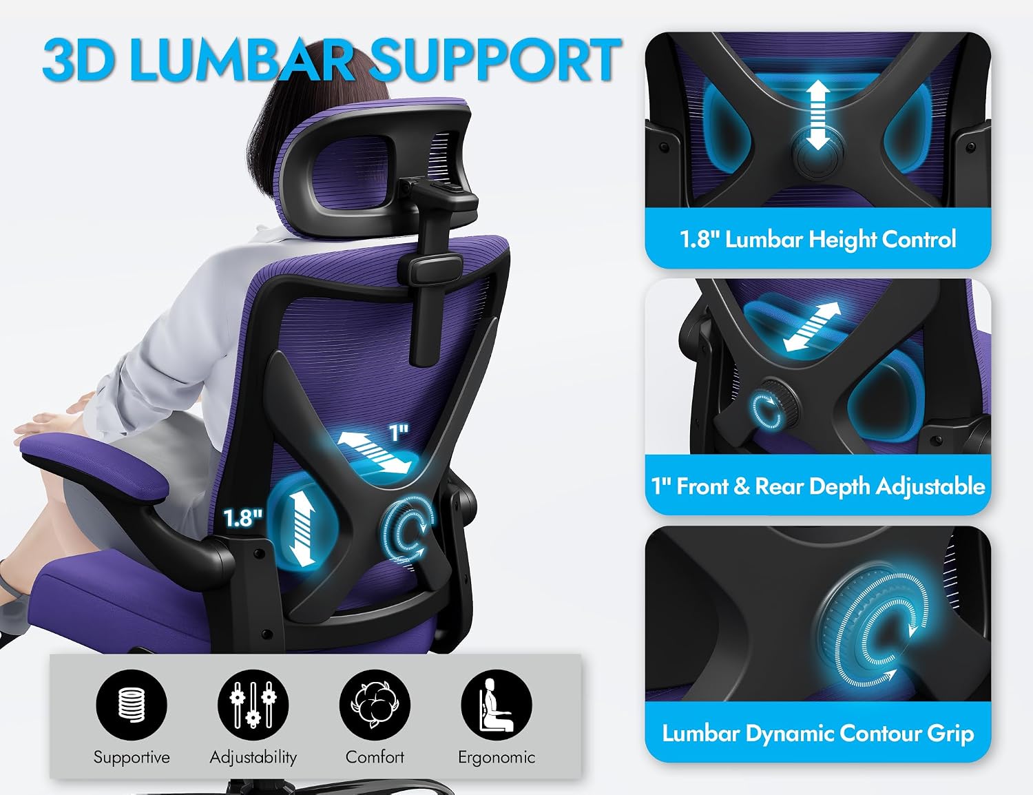 Office Chair - Ergonomic Office Chair with Back Support, Ergonomic Computer Chair - Home Office Desk Chairs, 330lbs Wide Seat Big and Tall Office Chairs with Headrest, Comfy Desk Chairs (Purple)