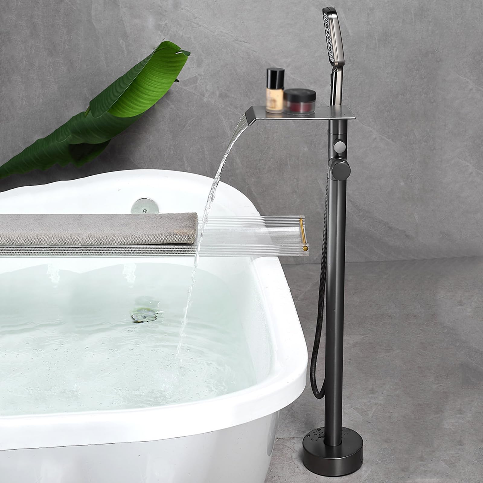 BiaoTeng Grifo de Pie Para Bañera Exenta con Cascada 3 Modos Cromo Laton