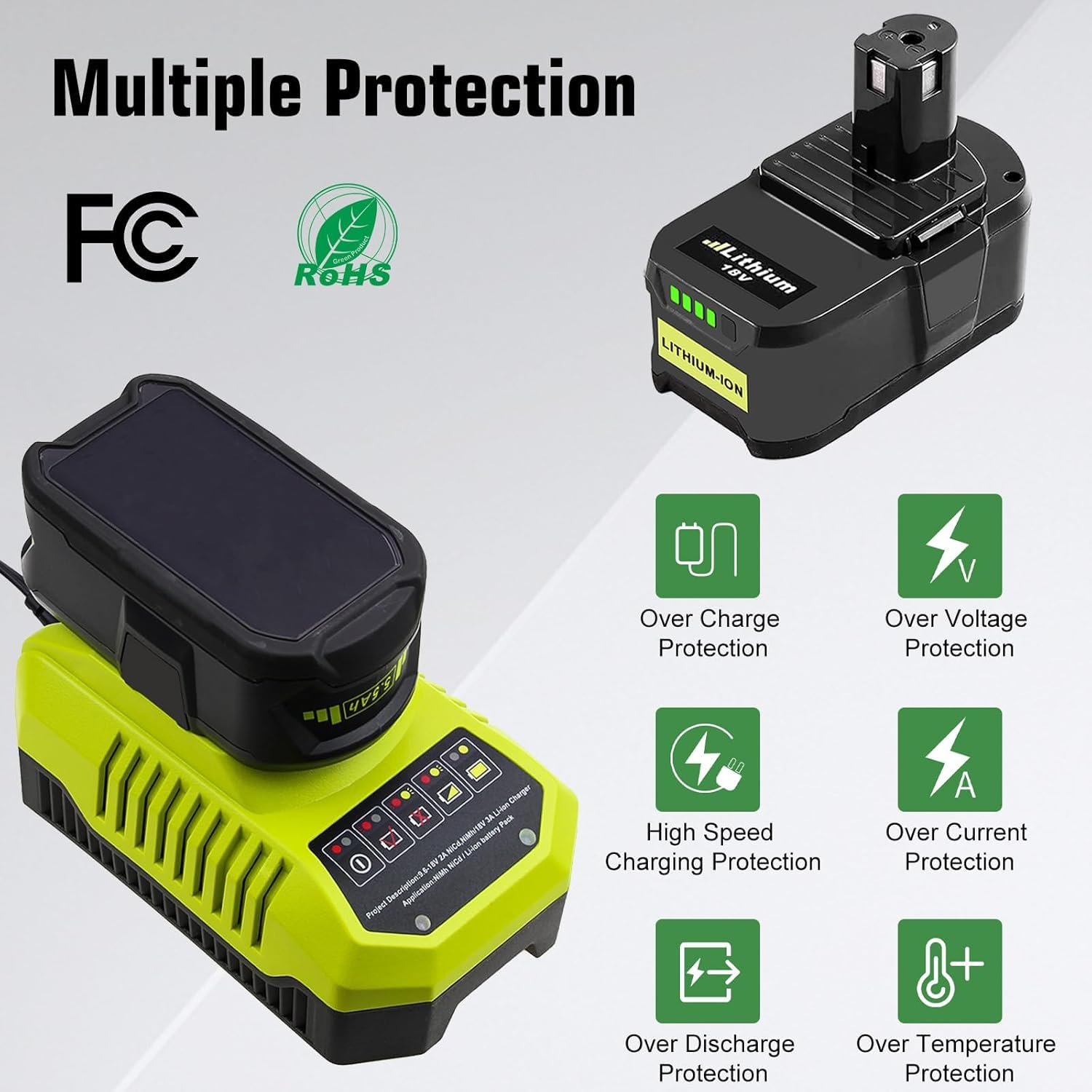 2 * Batteria per Ryobi 18V 5.5Ah Exemoro batteria di ricambio e BCL14181H 9.6V-18V caricabatterie di ricambio per Ryobi RB18L50 RB18L40 RB18L30 RB18L25 RB18L20 RB18L15 P108 P189 P190 P191 P192 etc