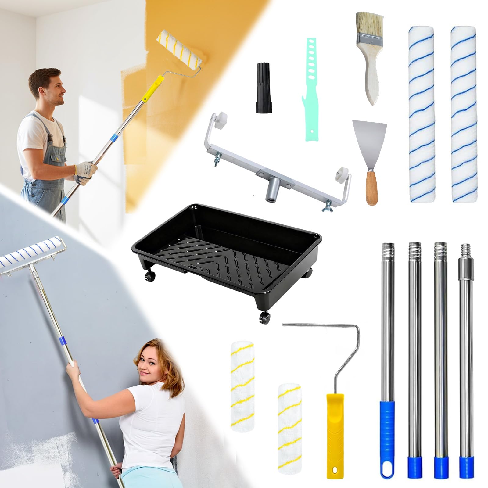 Rodillo de pintura de techo con kit de bandeja con ruedas y mango largo de 18 pulgadas