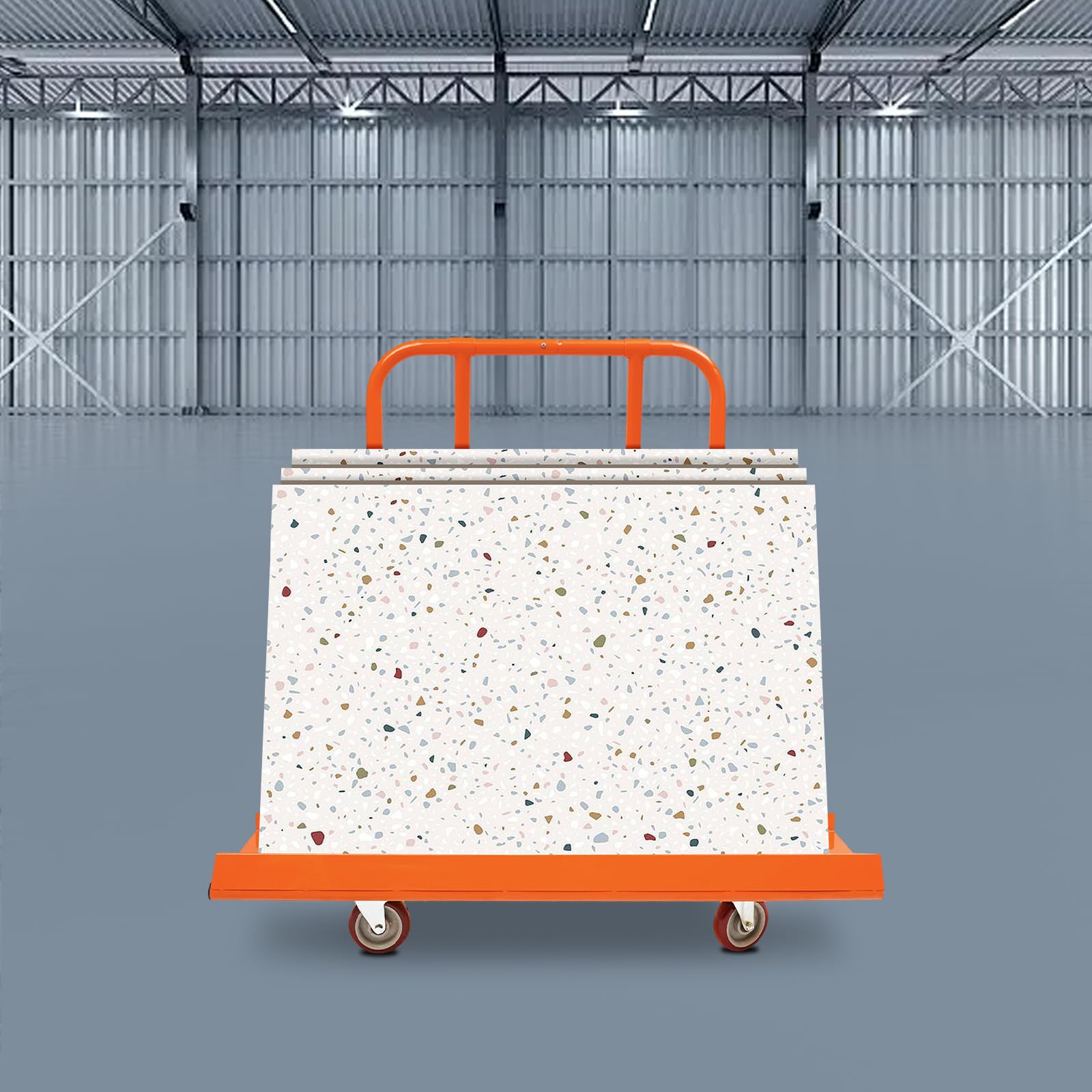 Paneelkarren 800kg oranger Schwerlastwagen für Gipskartonplatten Transport | Schwerlast Paneelkarren 18 cm Panel 4 Rollen mit breitem Griff für sicheres Handling auf Baustellen (Orange)