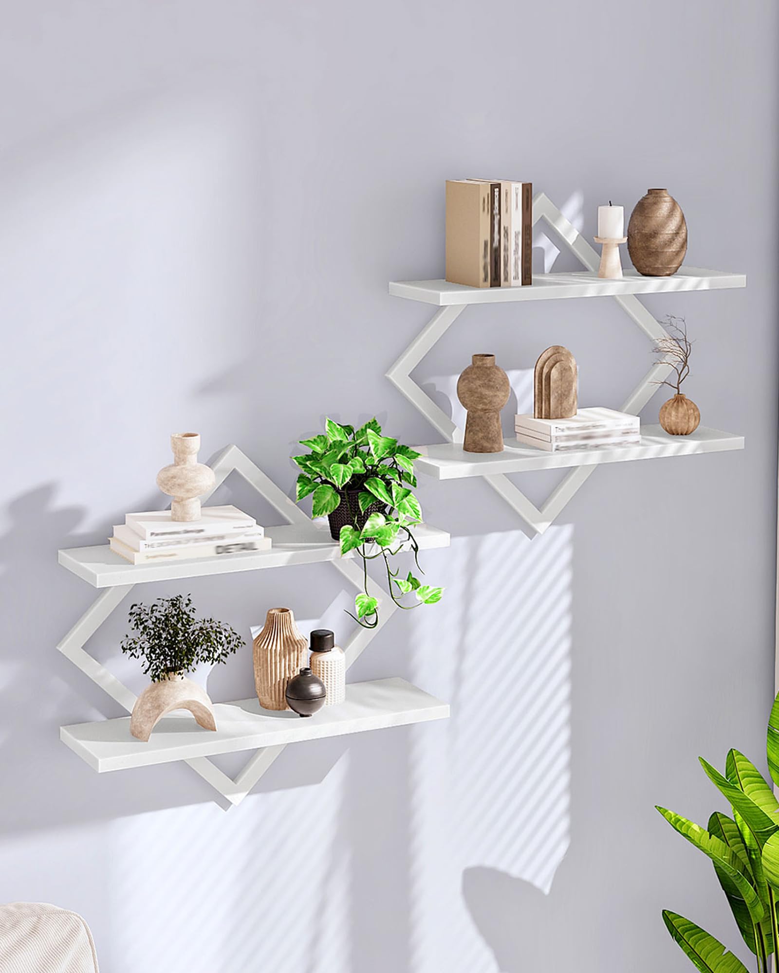 CHOEZON Floating Shelves, Set of 2 Wall Shelves, 2-Tier Hanging Shelves, Wall Shelf Set of 2, Wall Mounted Shelves, for Living Room, Bedroom, Kitchen, Office, Study, White DTBJ01P2WB