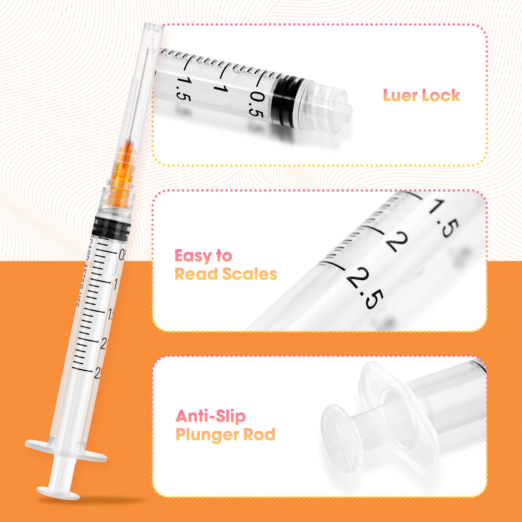 100 Pack 2.5ml Syringes with Needle - 25G 1 inch Disposable 2.5cc Luer Lock Syringe for Scientific Lab Use, Sterile Individually Wrapped — Amazon image 4
