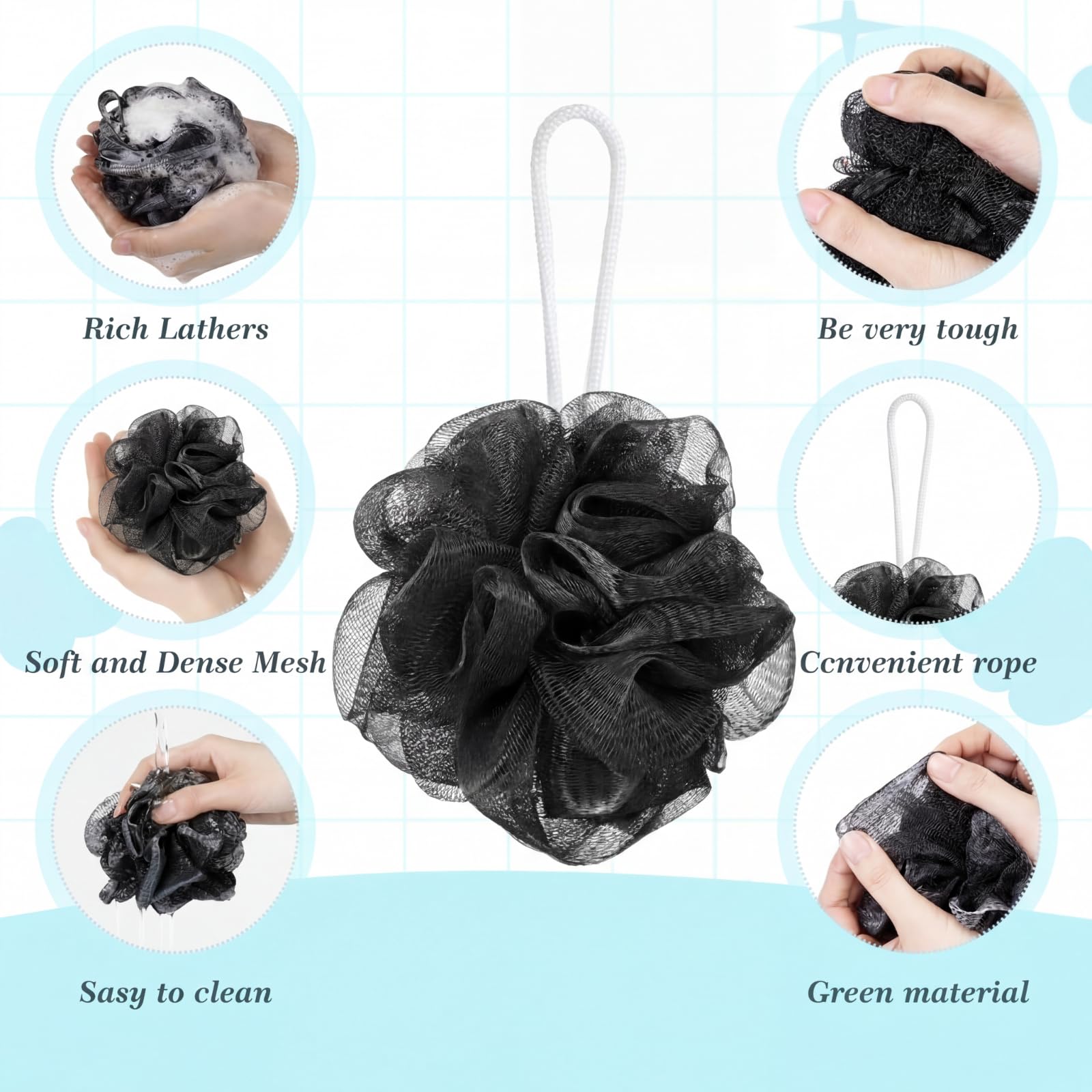 Sunnyray 100 esponjas de lufa a granel pequeñas para baño, ducha, 20 g, tamaño de viaje, esponjas, suaves, para mujeres y hombres, accesorios de baño, accesorios de baño, juego de malla de puf (negro