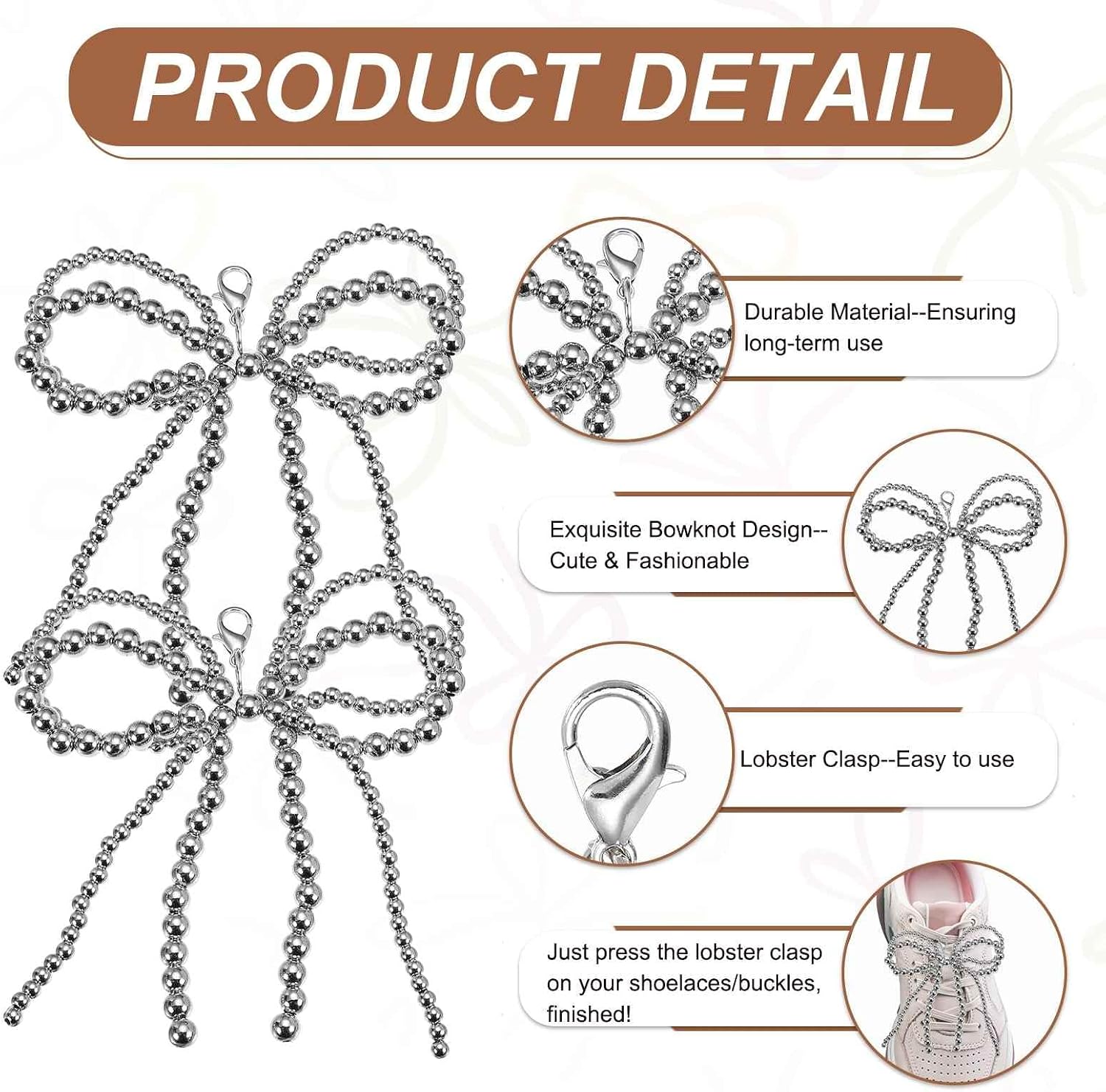 MECCANIXITY Pearl Bow Shoe Charm for Sneakers Bowknot Shoes Decoration Buckle Pearl Beaded Chain for DIY Dress Accessories