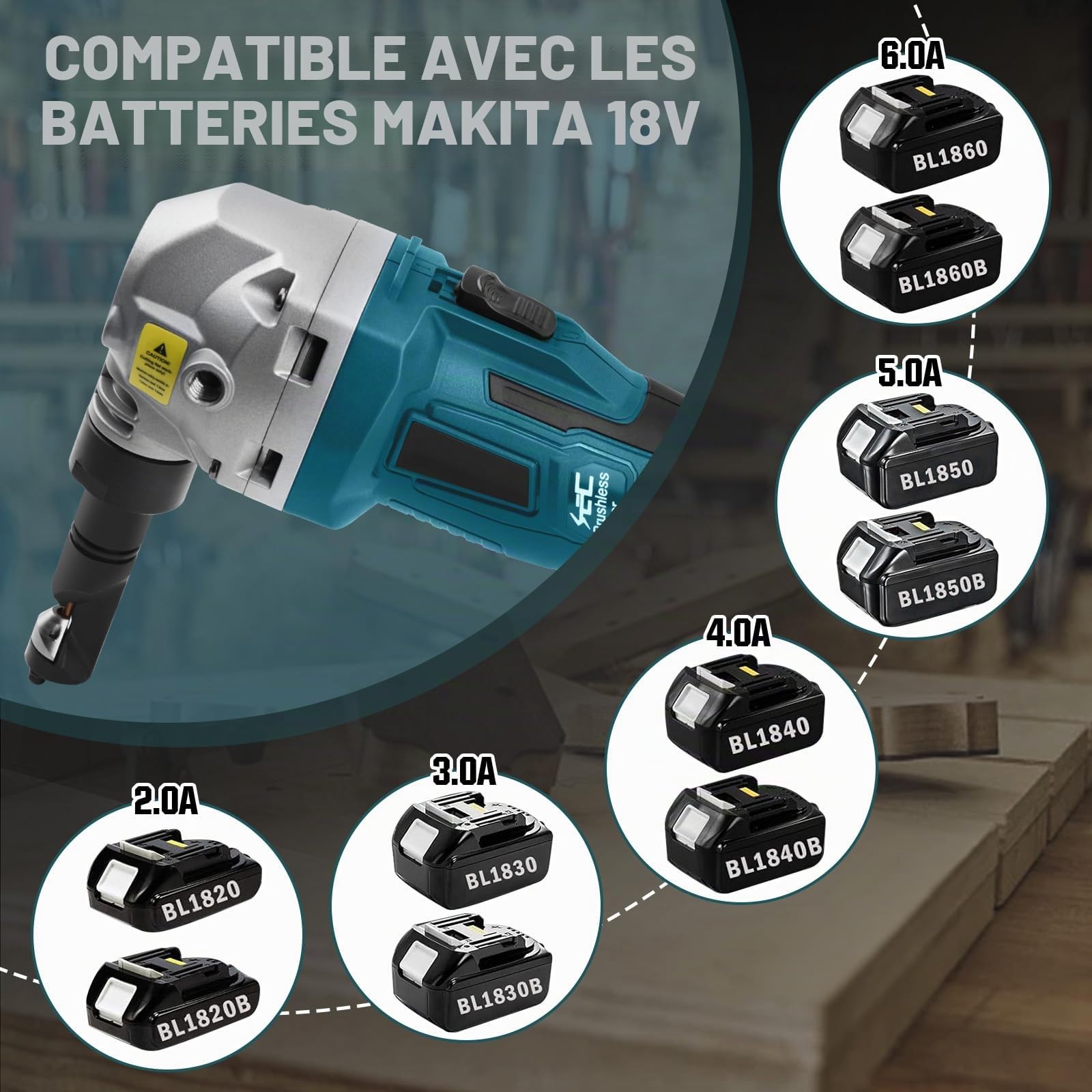 Grignoteuse Électrique de tôle Compatible Avec Batterie Makita 18V, 800W Grignoteuse De Métal Sans Fil moteur Sans Balais, 2200 TR/Min Max, Tête de Coupe orientable 360°, Outil de Découpe du Métal