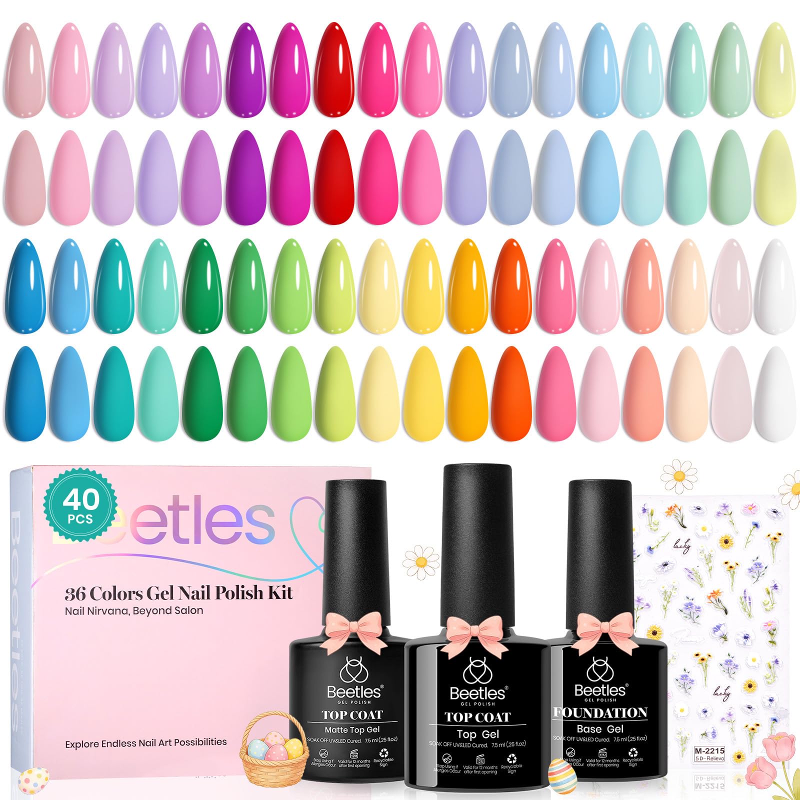 beetles Pastel Easter Gel Polish Set - Petal Symphony Collection, 40 Pcs 36 Colors Gel Polish Set Spring Colors Pink Red Green Blue Color Gel with Base&Glossy Matte Top Coat UV LED Nail Art