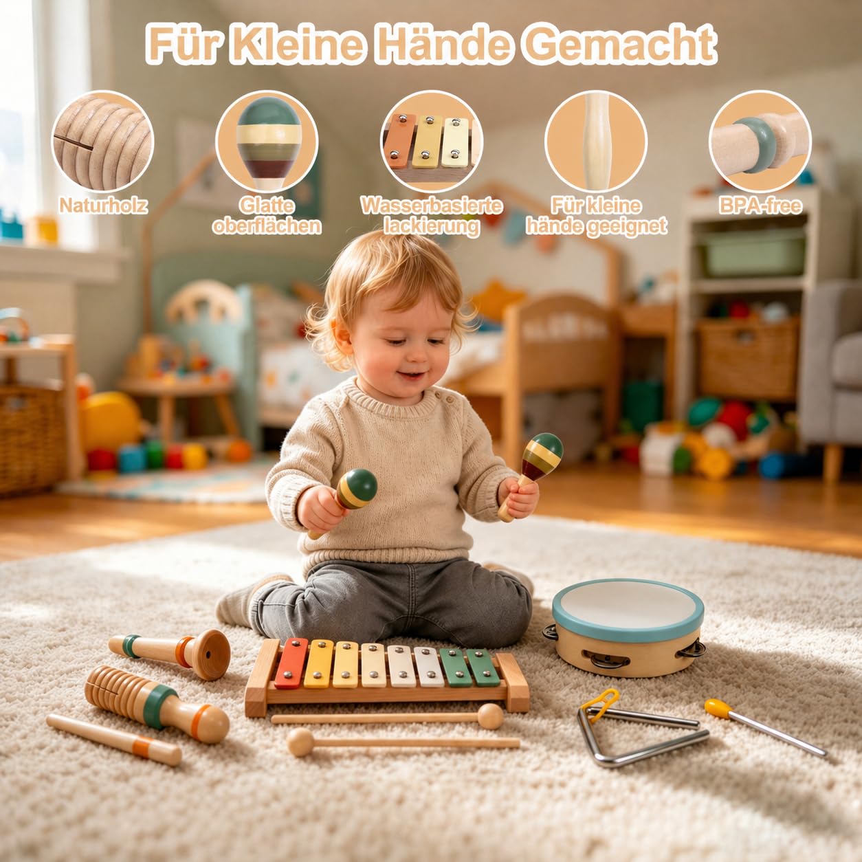 Musikinstrumente für Kinder 3 Jahre, Montessori Musikset aus Holz, 12-teiliges Musikspielzeug mit Xylophon, Tamburin, Rasseln, Guiro, Triangel und Holzpfeife
