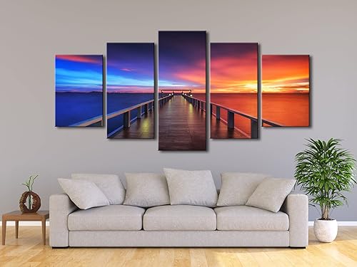 Miniatura 4 de Pyradecor 5 paneles tamaño XL atardecer, puente, impresiones en lona HD, paisajes del mar, arte en lona, paisajes para el hogar, decoración para la