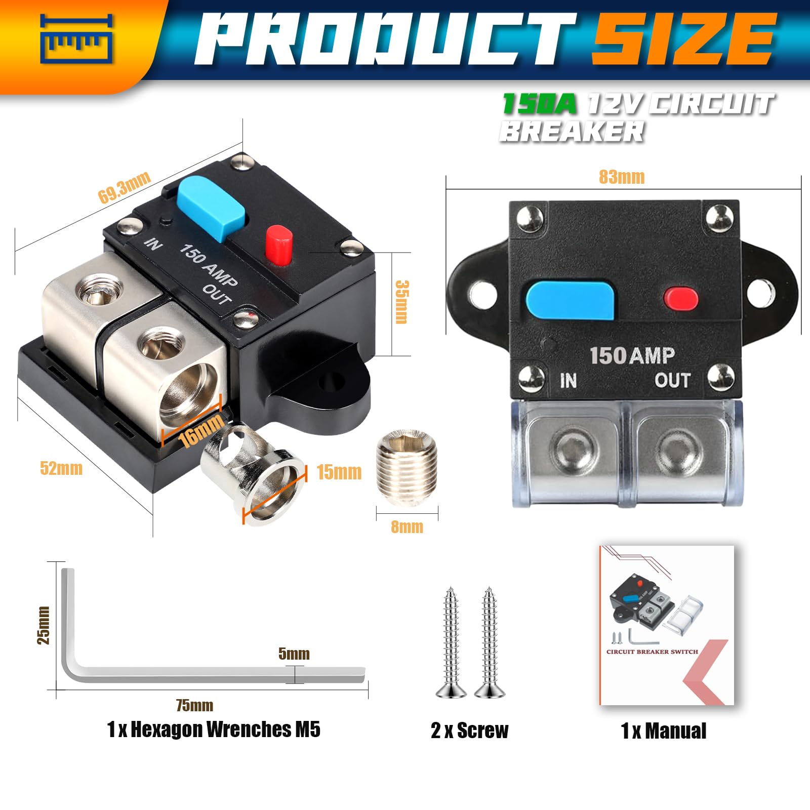 12 V/48 V, resetowany wyłącznik automatyczny, bezpiecznik 150 A, DC 12 V-48 V, wyłącznik ochronny, audio, wodoszczelny, ręczny reset do samochodów osobowych, morskich, kamperów, ciężarówek