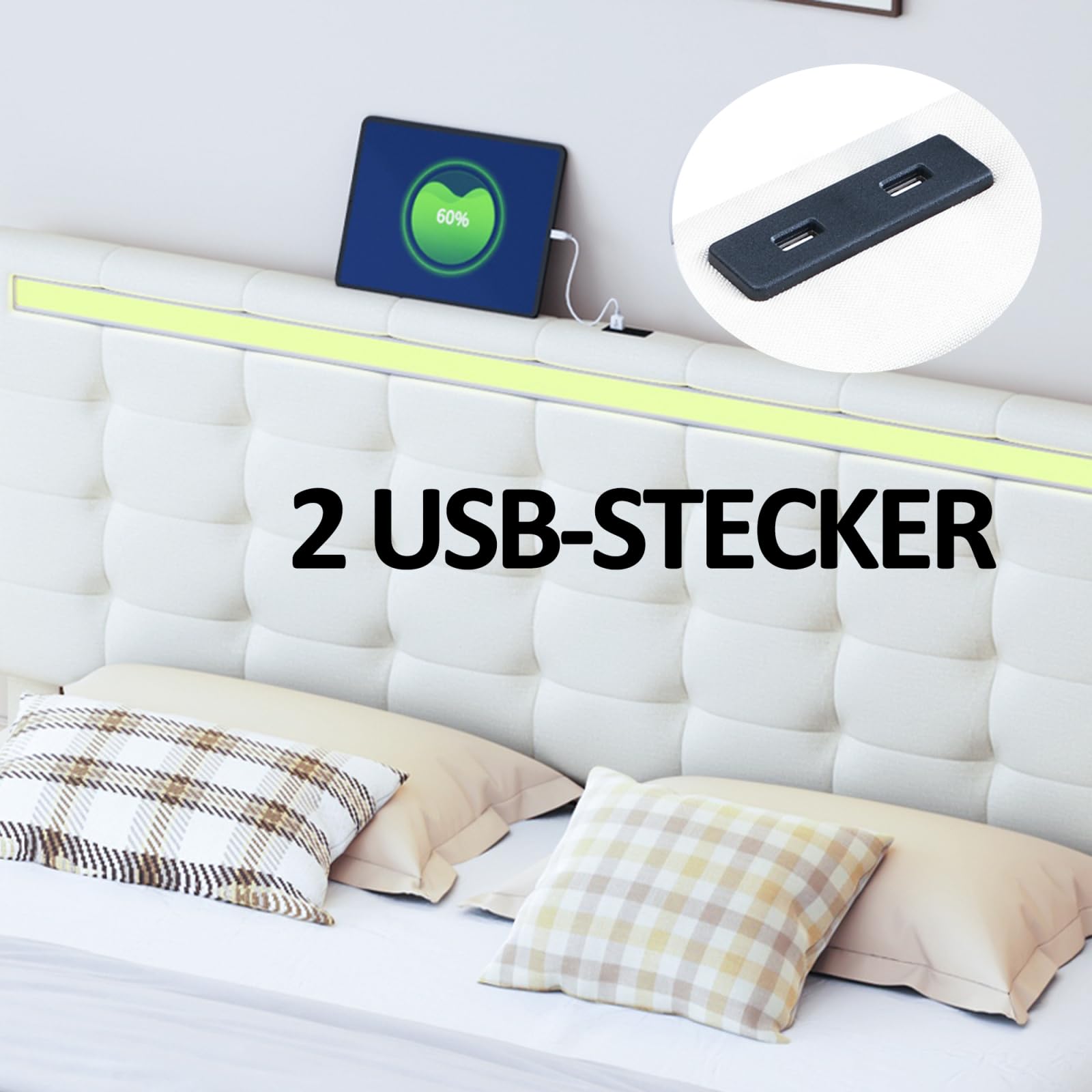 PerGar Cama tapizada 160x200 cm, Marco de Cama somier Flotante Acolchado con Luces diseño de cabecero, hidráulico con Espacio de almacenaje, Multifunción con Toma USB y luz LED, Lino (Beige, 160x200)