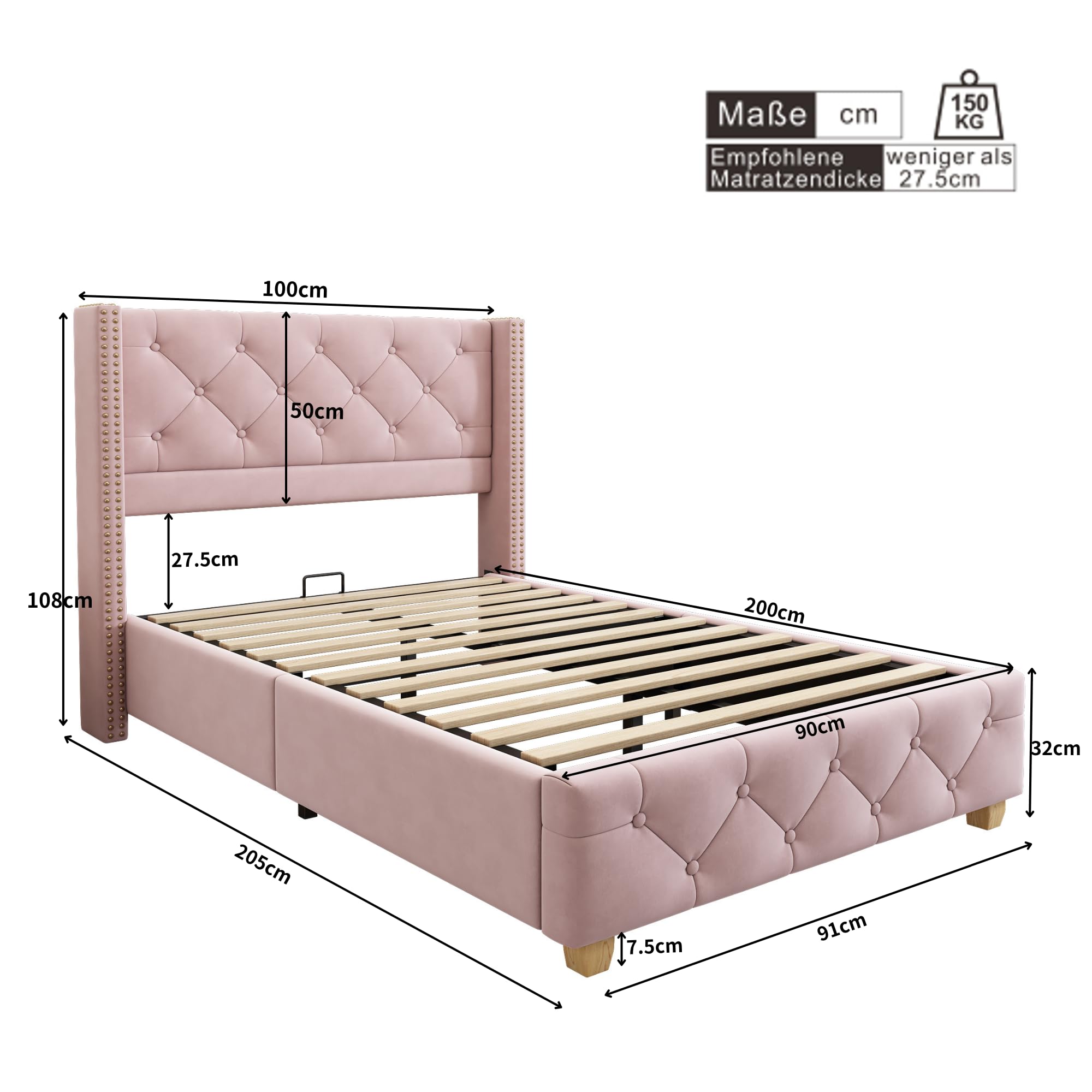 Letto matrimoniale imbottito, 90 x 200 cm, con rete a doghe e struttura in metallo, testiera imbottita, decorazione con rivetti, piedi in legno, velluto (rosa, 90 x 200 cm)